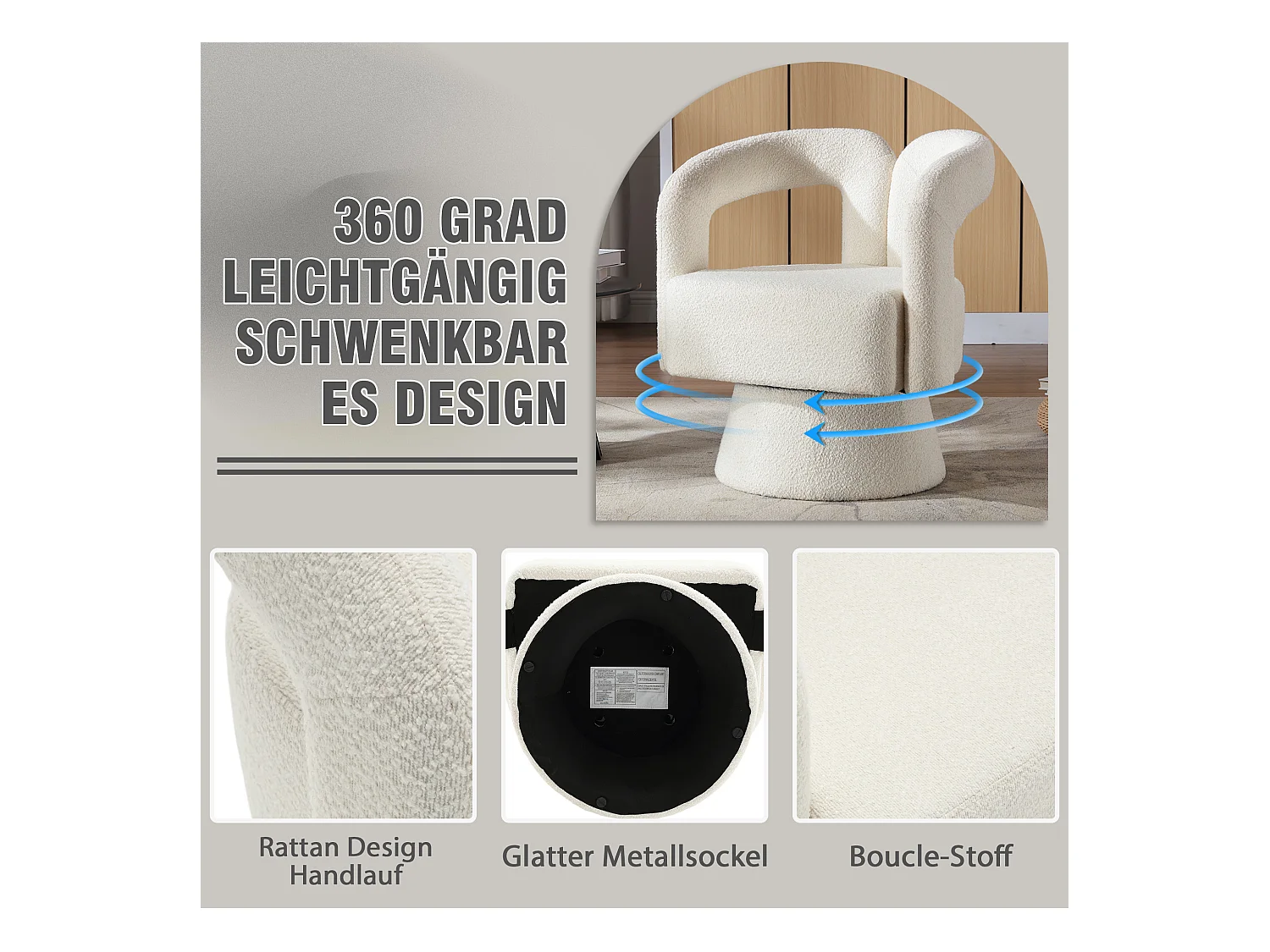 Fauteuils d'appoint pivotants à 360 degrés - 67 x 55 x 74 cm - avec coussins larges - Boucle - beige