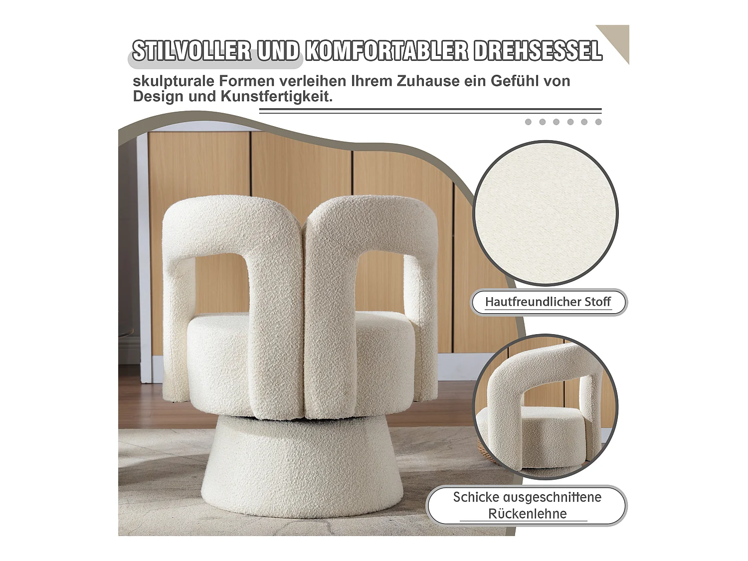 Fauteuils d'appoint pivotants à 360 degrés - 67 x 55 x 74 cm - avec coussins larges - Boucle - beige