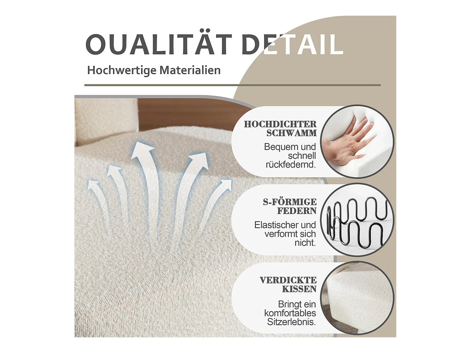 Fauteuils d'appoint pivotants à 360 degrés - 67 x 55 x 74 cm - avec coussins larges - Boucle - beige