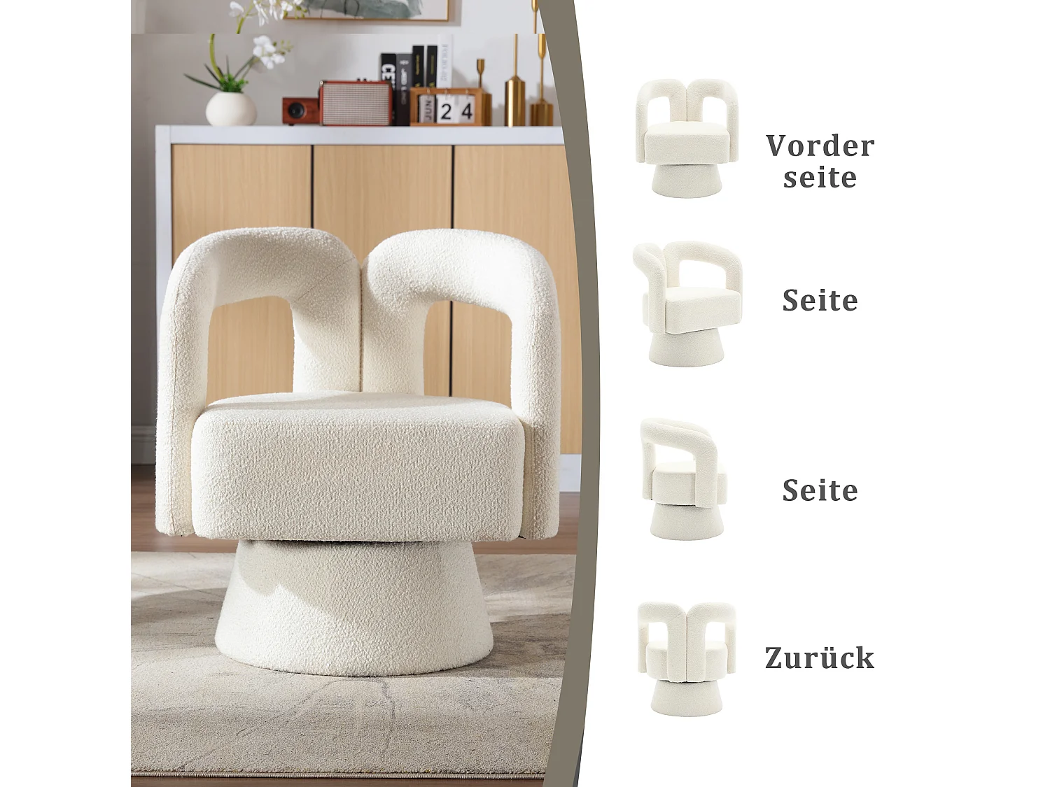 Fauteuils d'appoint pivotants à 360 degrés - 67 x 55 x 74 cm - avec coussins larges - Boucle - beige