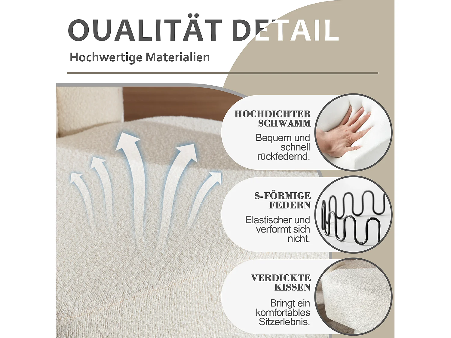 Fauteuils d'appoint pivotants à 360 degrés - 67 x 55 x 74 cm - avec coussins larges - Boucle - beige