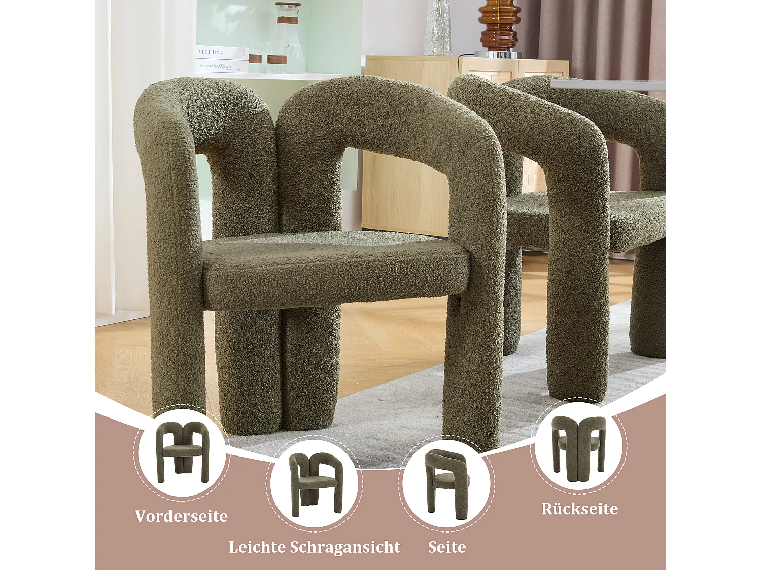 Lot de 2 fauteuils ergonomiques avec velours - 61 x 52 x 71 cm - pour le salon ou le bureau - velours - vert olive