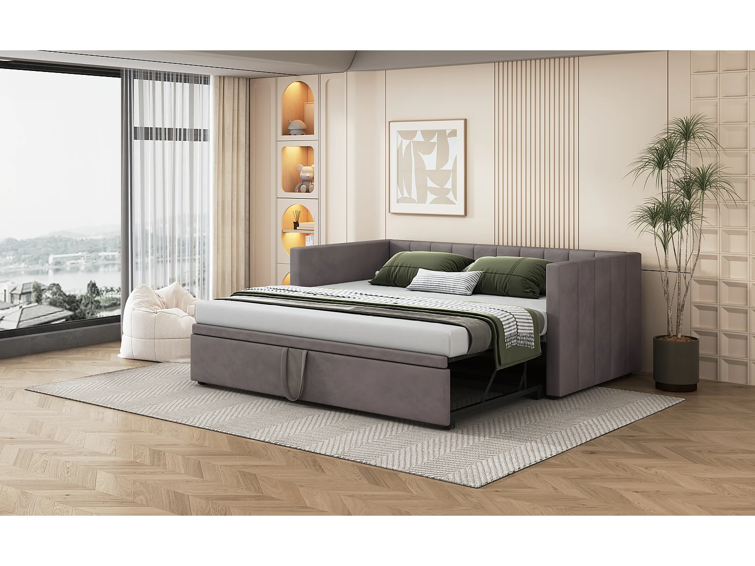 Sofá-cama retrátil - 90/180 x 200 cm - com base de ripas - veludo - cinza