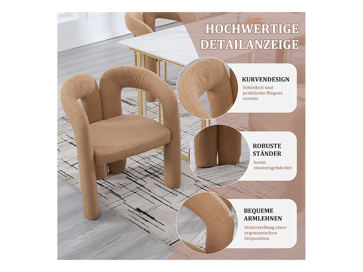Lot de 2 fauteuils ergonomiques avec velours - 61 x 52 x 71 cm - pour le salon ou le bureau - velours - Camel