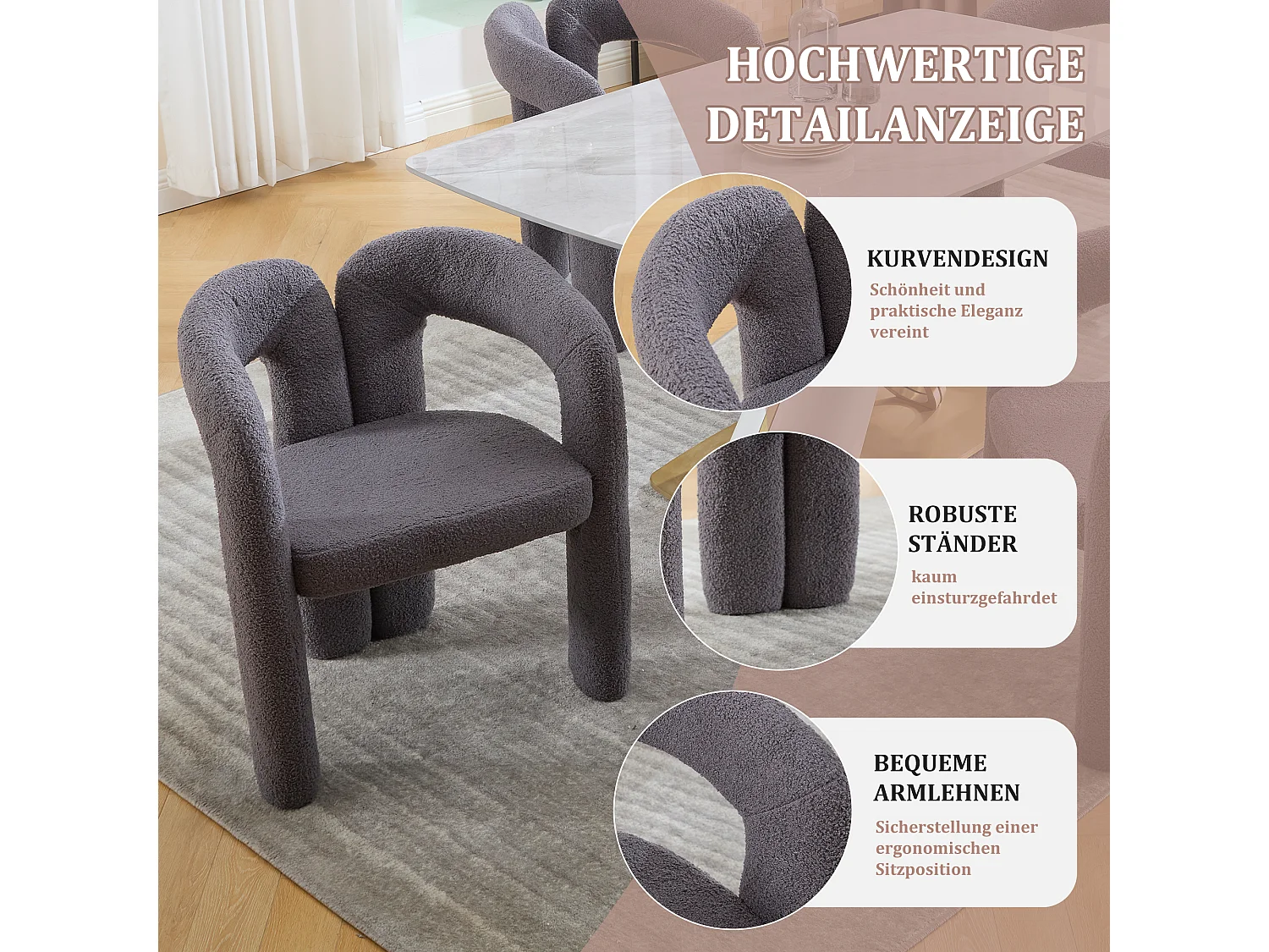 Lot de 2 fauteuils ergonomiques avec velours - 61 x 52 x 71 cm - pour le salon ou le bureau - velours - gris