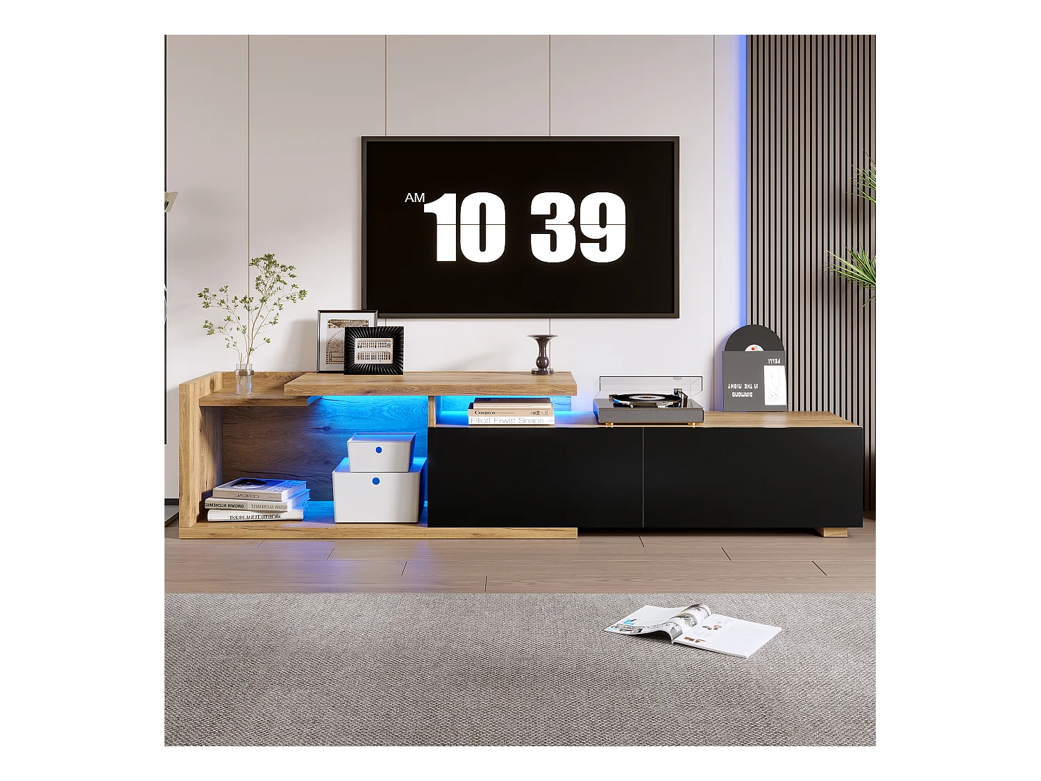 Meuble TV modulaire avec Leds - 133.5 x 40 x 45 cm - 2 en 1 - extensible - avec 2 tiroirs - bois - naturel