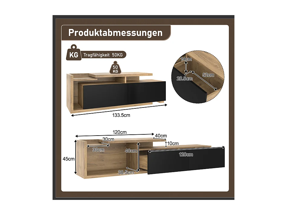 Meuble TV modulaire avec Leds - 133.5 x 40 x 45 cm - 2 en 1 - extensible - avec 2 tiroirs - bois - naturel