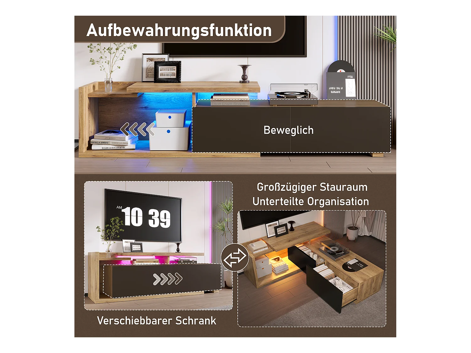 Meuble TV modulaire avec Leds - 133.5 x 40 x 45 cm - 2 en 1 - extensible - avec 2 tiroirs - bois - naturel