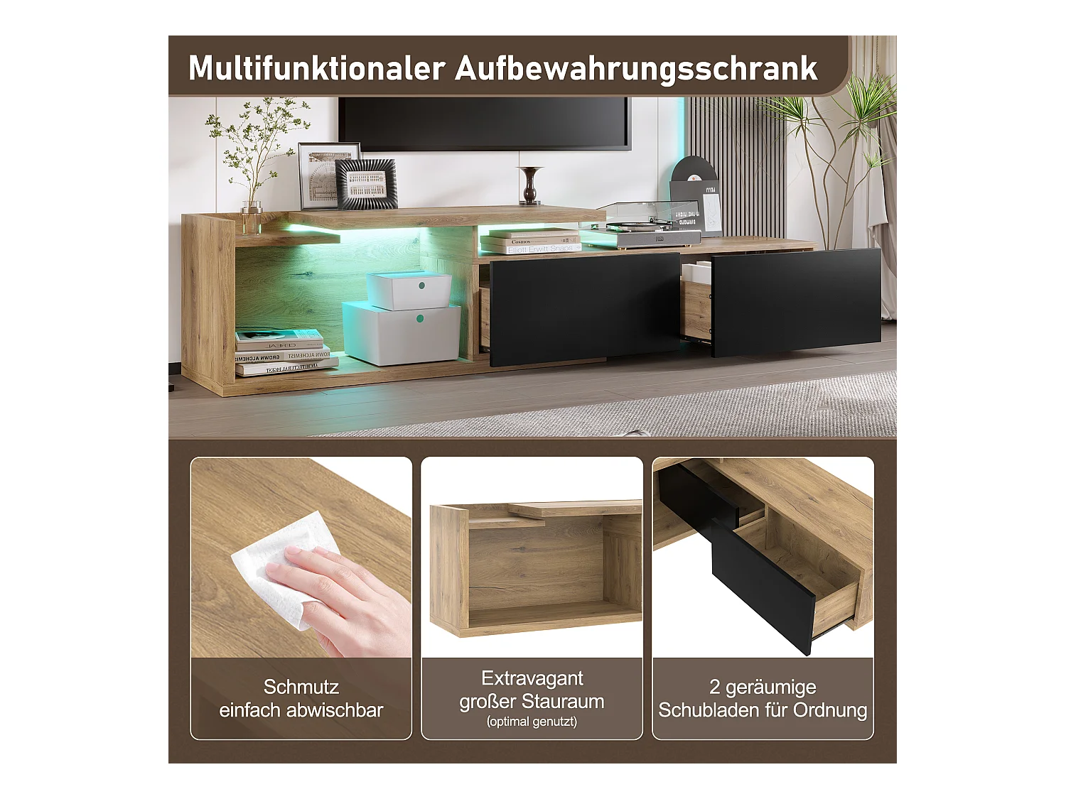 Meuble TV modulaire avec Leds - 133.5 x 40 x 45 cm - 2 en 1 - extensible - avec 2 tiroirs - bois - naturel