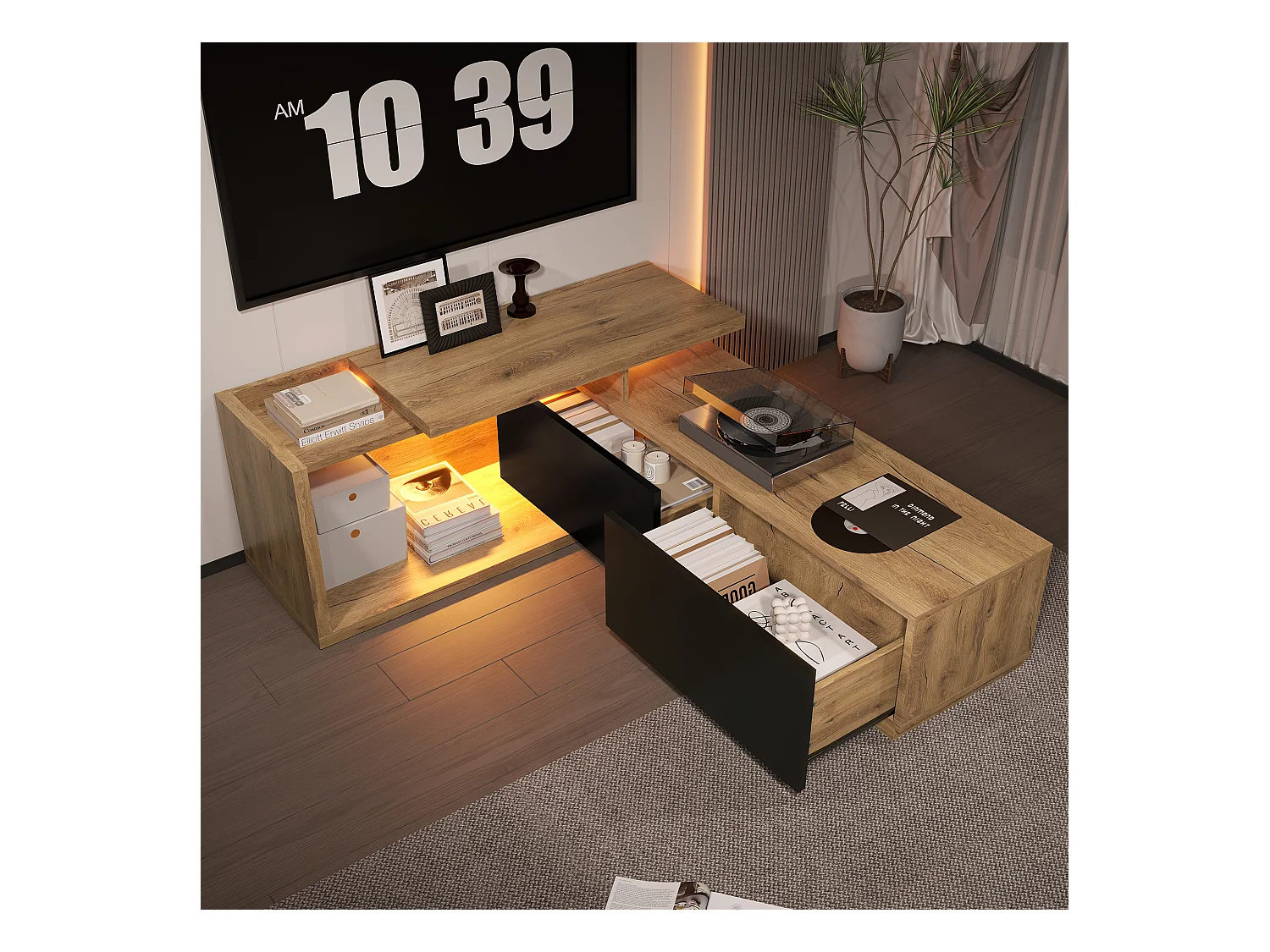 Meuble TV modulaire avec Leds - 133.5 x 40 x 45 cm - 2 en 1 - extensible - avec 2 tiroirs - bois - naturel