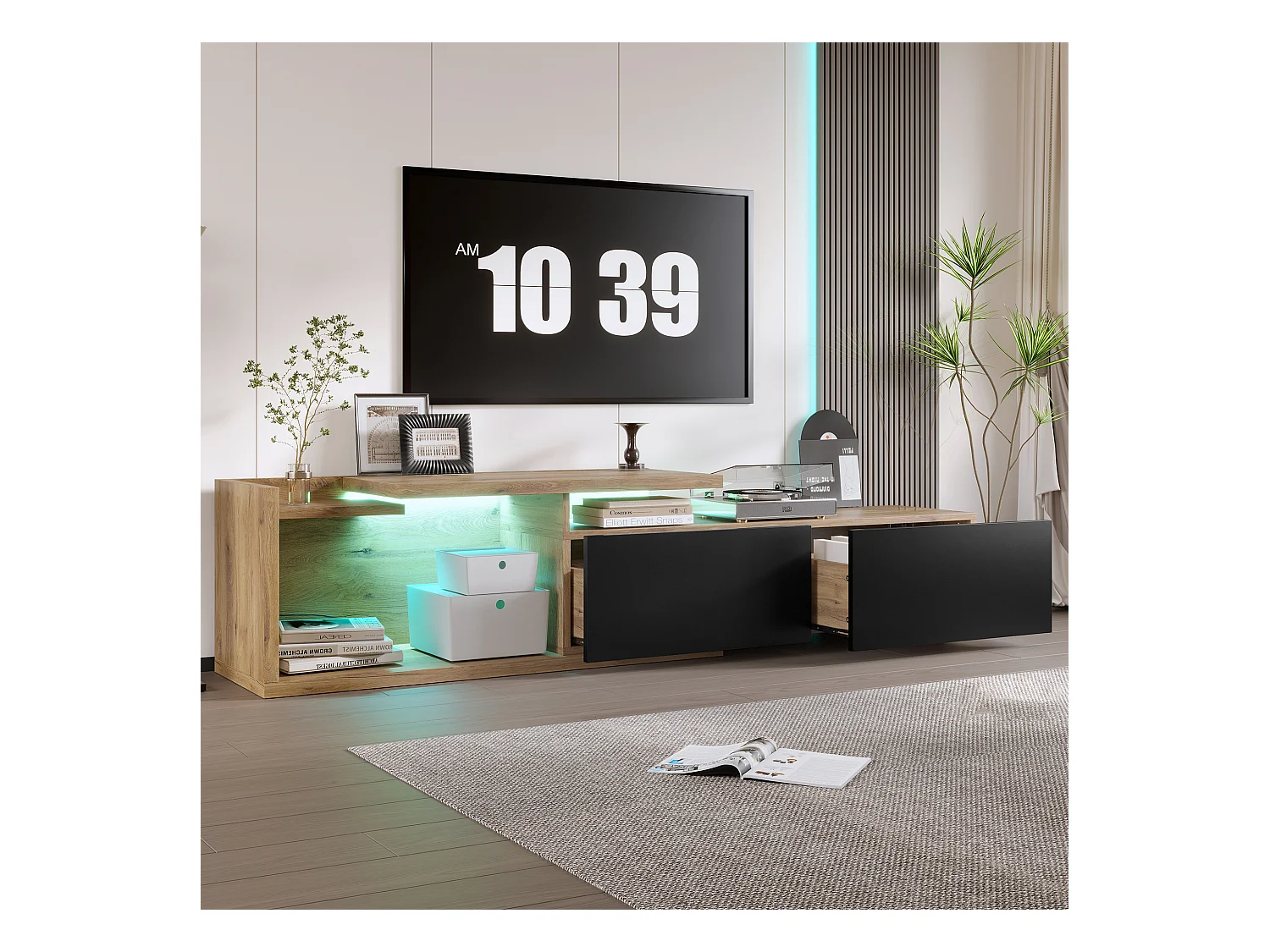 Meuble TV modulaire avec Leds - 133.5 x 40 x 45 cm - 2 en 1 - extensible - avec 2 tiroirs - bois - naturel