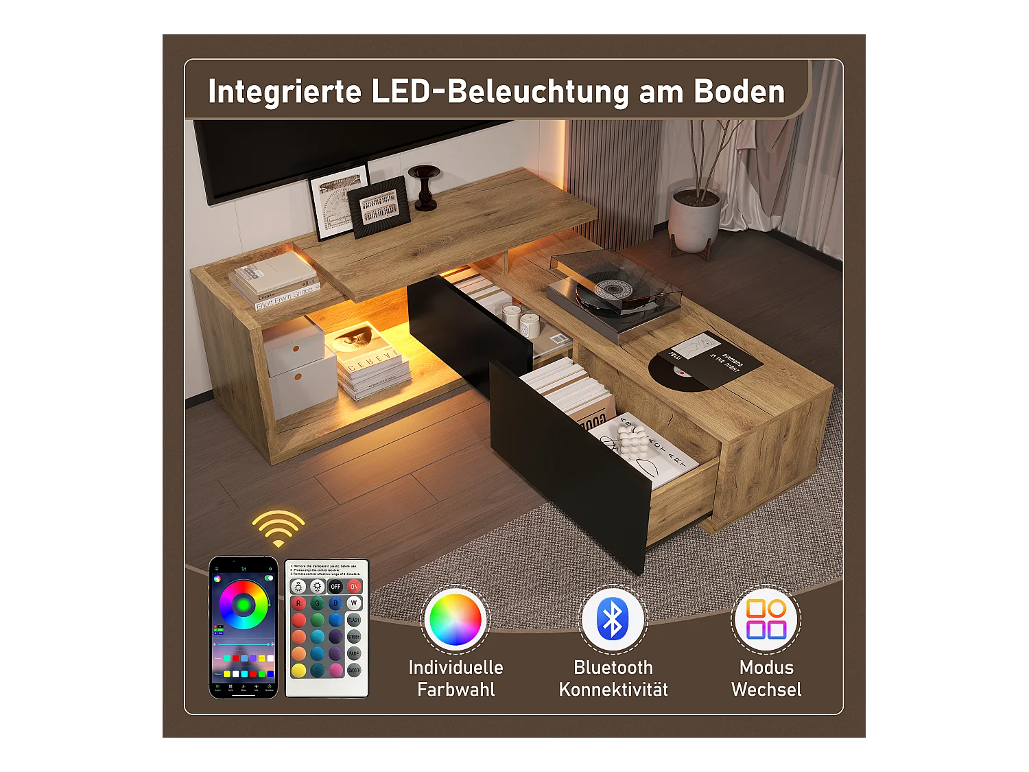 Meuble TV modulaire avec Leds - 133.5 x 40 x 45 cm - 2 en 1 - extensible - avec 2 tiroirs - bois - naturel
