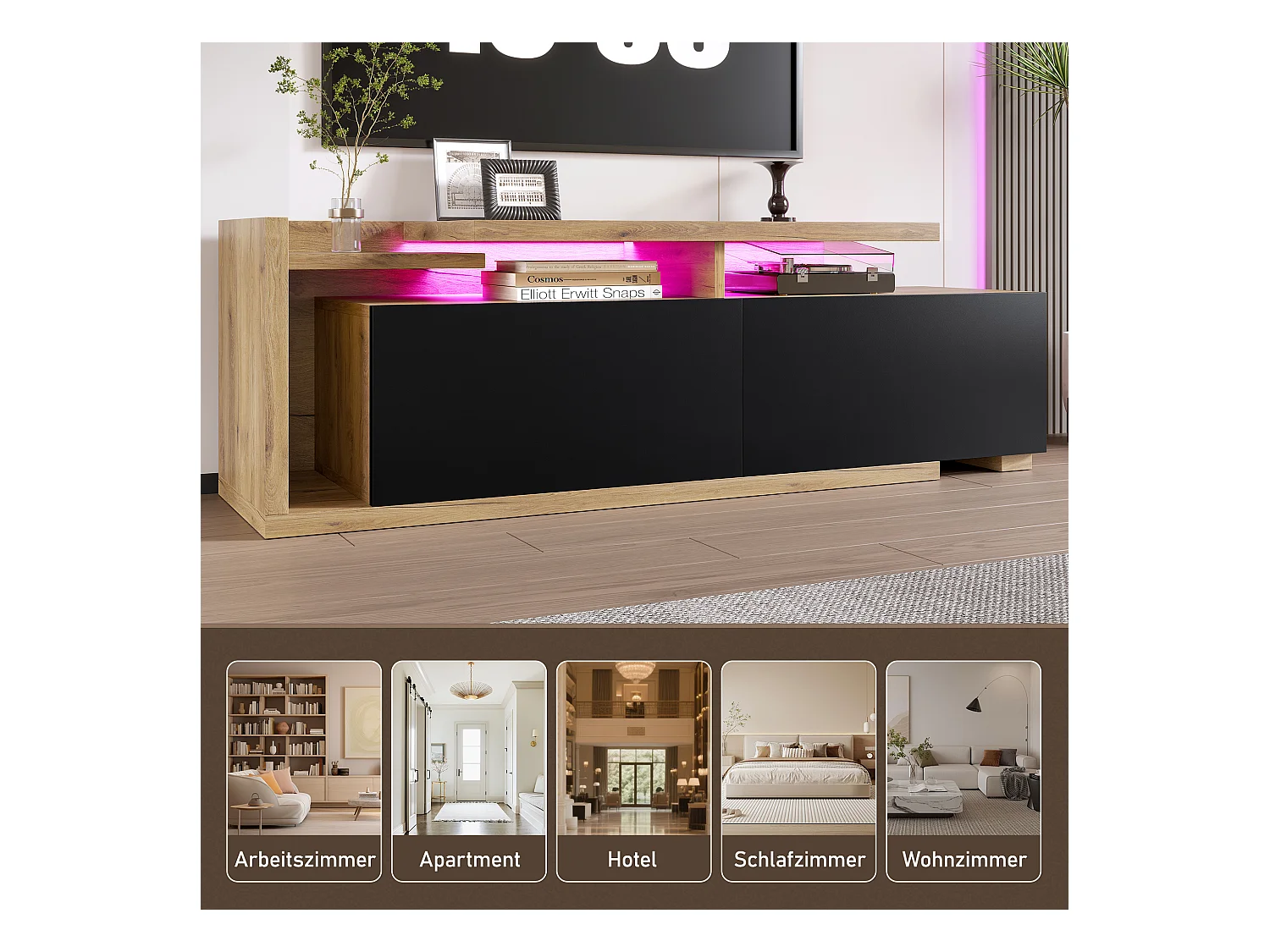 Meuble TV modulaire avec Leds - 133.5 x 40 x 45 cm - 2 en 1 - extensible - avec 2 tiroirs - bois - naturel
