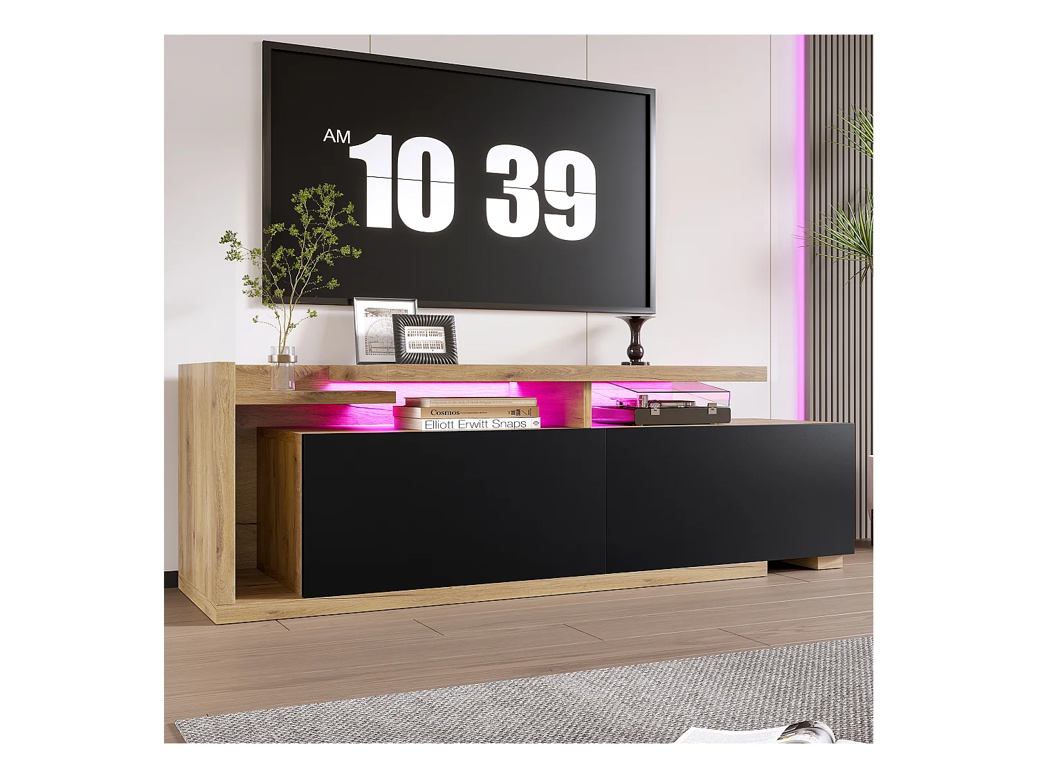Meuble TV modulaire avec Leds - 133.5 x 40 x 45 cm - 2 en 1 - extensible - avec 2 tiroirs - bois - naturel