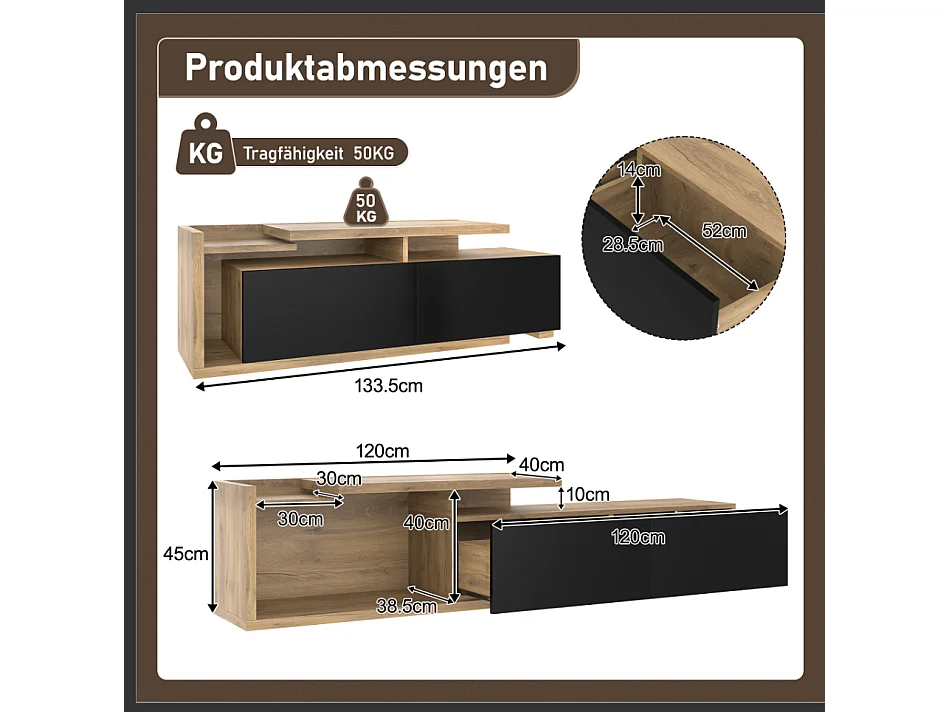Meuble TV modulaire avec Leds - 133.5 x 40 x 45 cm - 2 en 1 - extensible - avec 2 tiroirs - bois - naturel