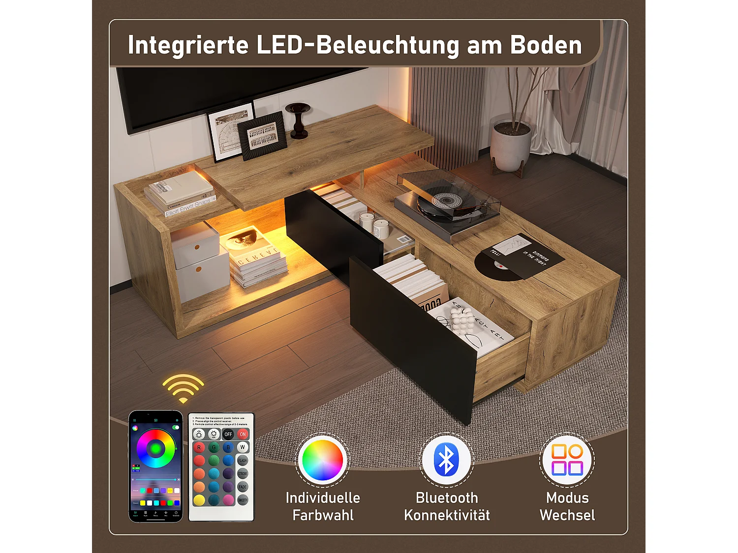 Meuble TV modulaire avec Leds - 133.5 x 40 x 45 cm - 2 en 1 - extensible - avec 2 tiroirs - bois - naturel