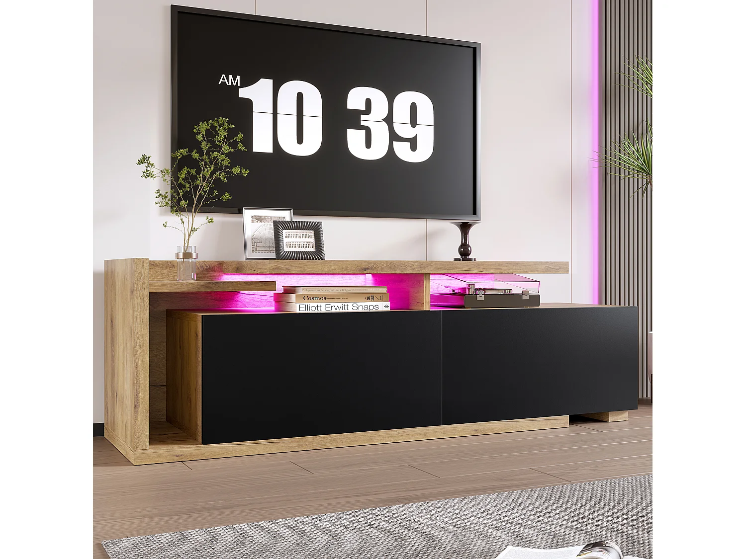 Meuble TV modulaire avec Leds - 133.5 x 40 x 45 cm - 2 en 1 - extensible - avec 2 tiroirs - bois - naturel