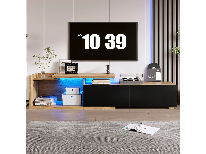 Meuble TV modulaire avec Leds - 133.5 x 40 x 45 cm - 2 en 1 - extensible - avec 2 tiroirs - bois - naturel