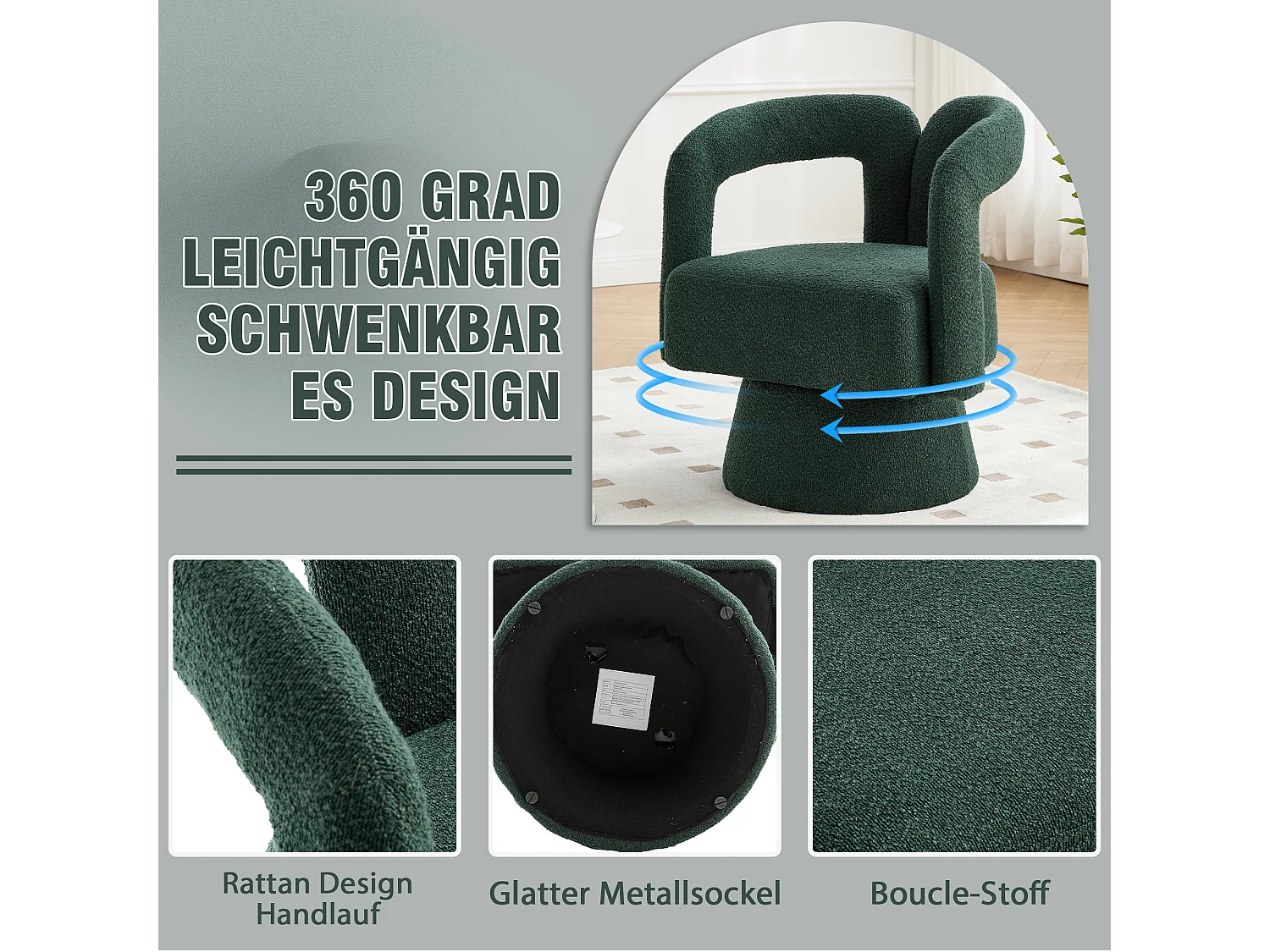 Fauteuils d'appoint pivotants à 360 degrés - 67 x 55 x 74 cm - avec coussins larges - Boucle - vert foncé
