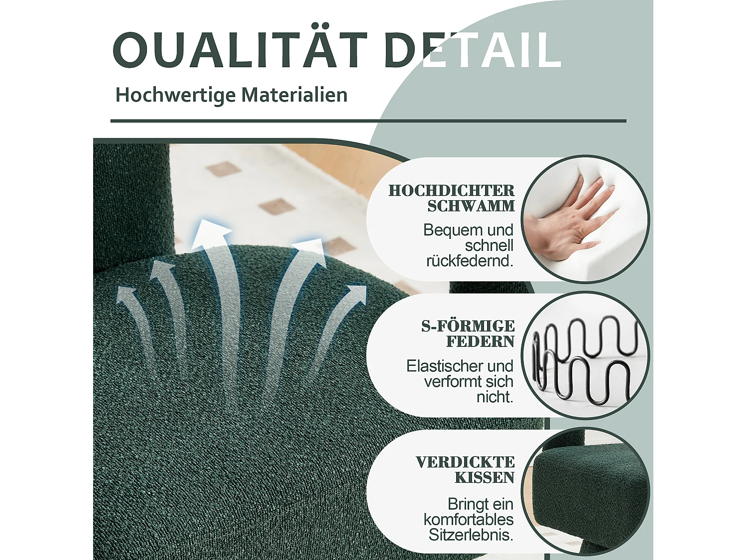 Fauteuils d'appoint pivotants à 360 degrés - 67 x 55 x 74 cm - avec coussins larges - Boucle - vert foncé