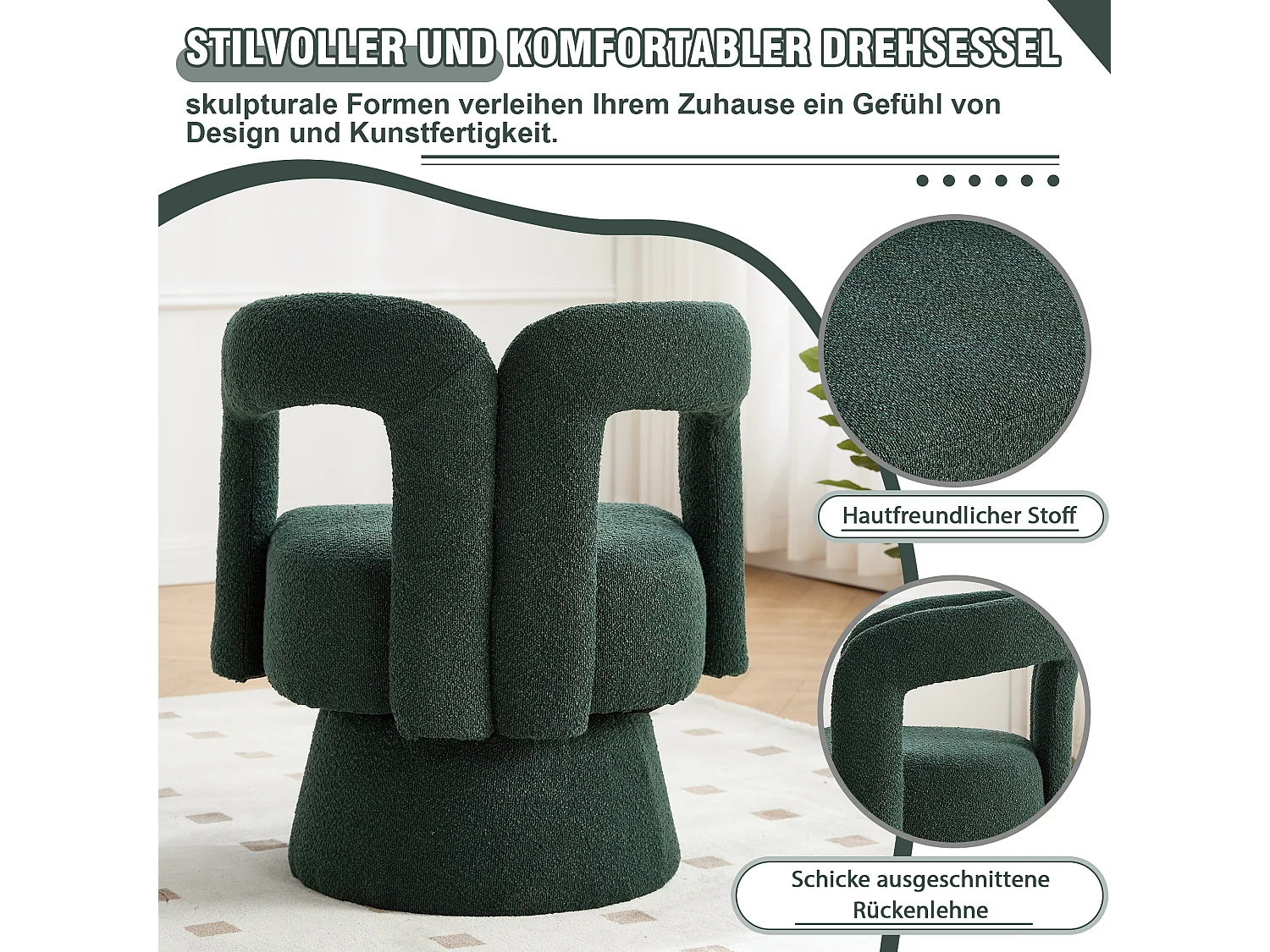 Fauteuils d'appoint pivotants à 360 degrés - 67 x 55 x 74 cm - avec coussins larges - Boucle - vert foncé