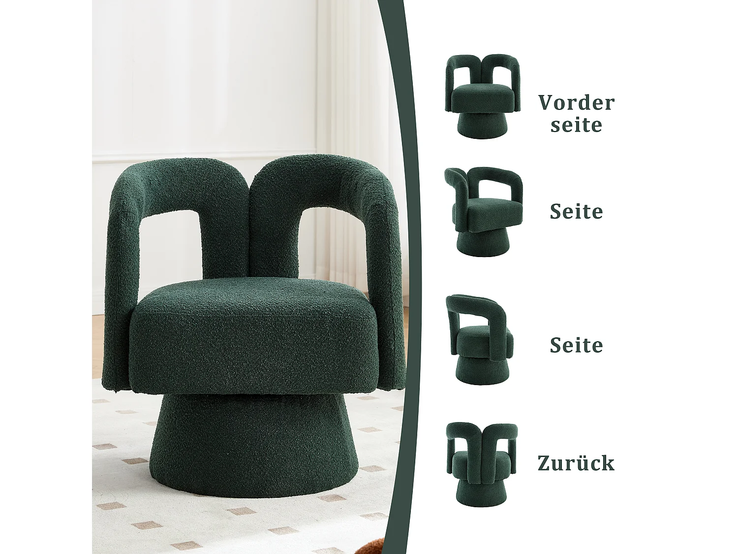Fauteuils d'appoint pivotants à 360 degrés - 67 x 55 x 74 cm - avec coussins larges - Boucle - vert foncé