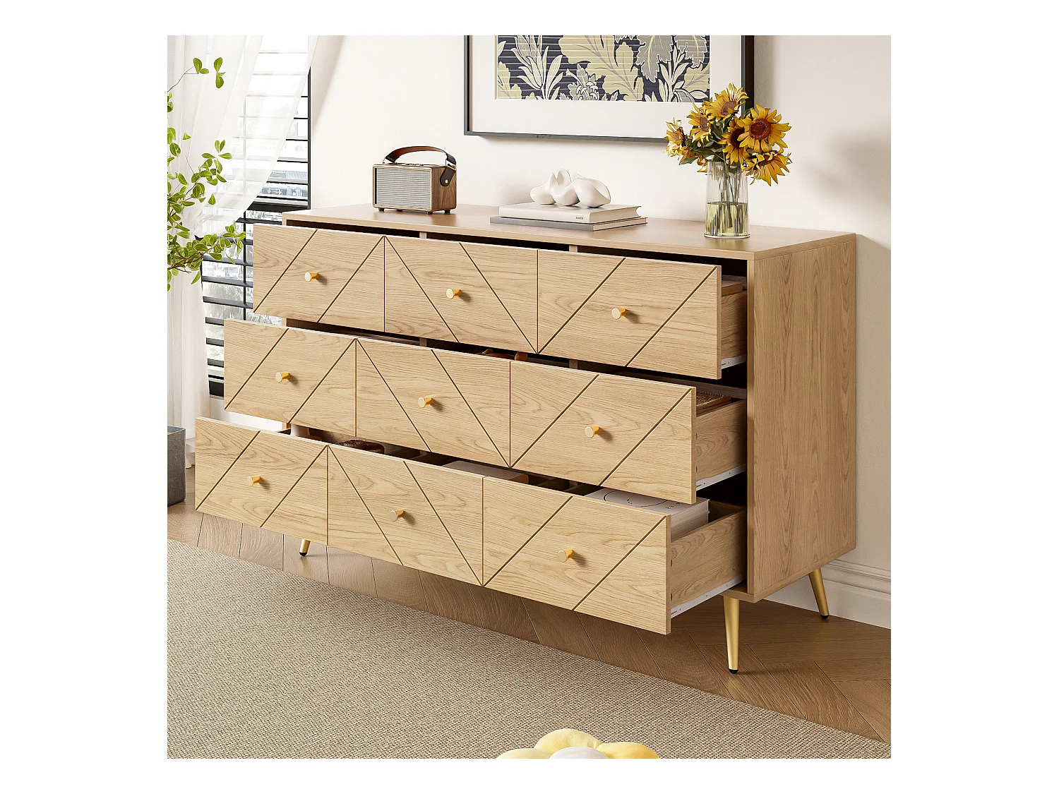 Nowoczesna komoda 9-szufladowa na metalowych nogach - 120 x 39 x 80 cm - solidna konstrukcja - płyta wiórowa - kolor naturalny