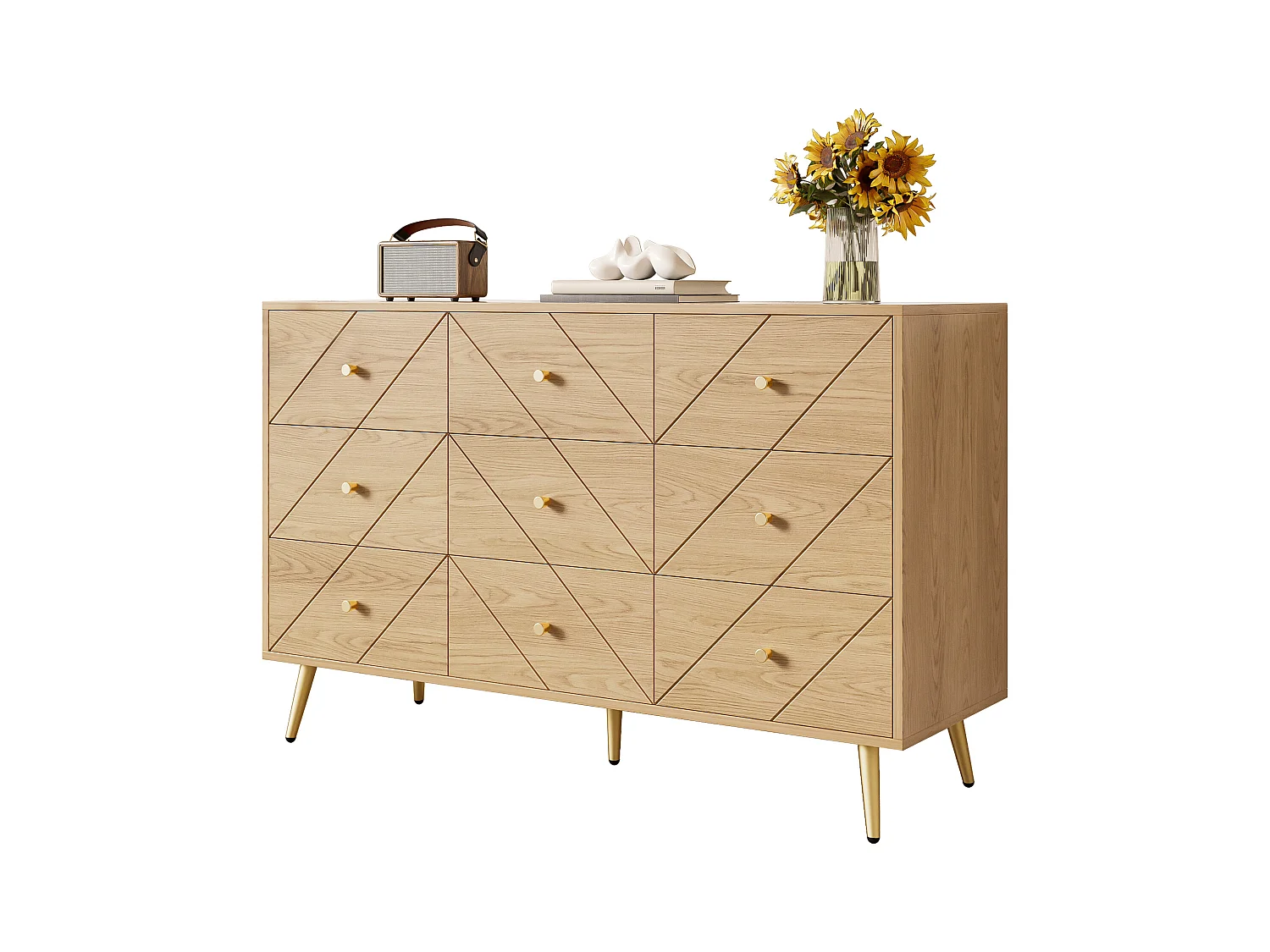 Commode moderne à 9 tiroirs avec pieds en fer - 120 x 39 x 80 cm - construction robuste - aggloméré - naturel