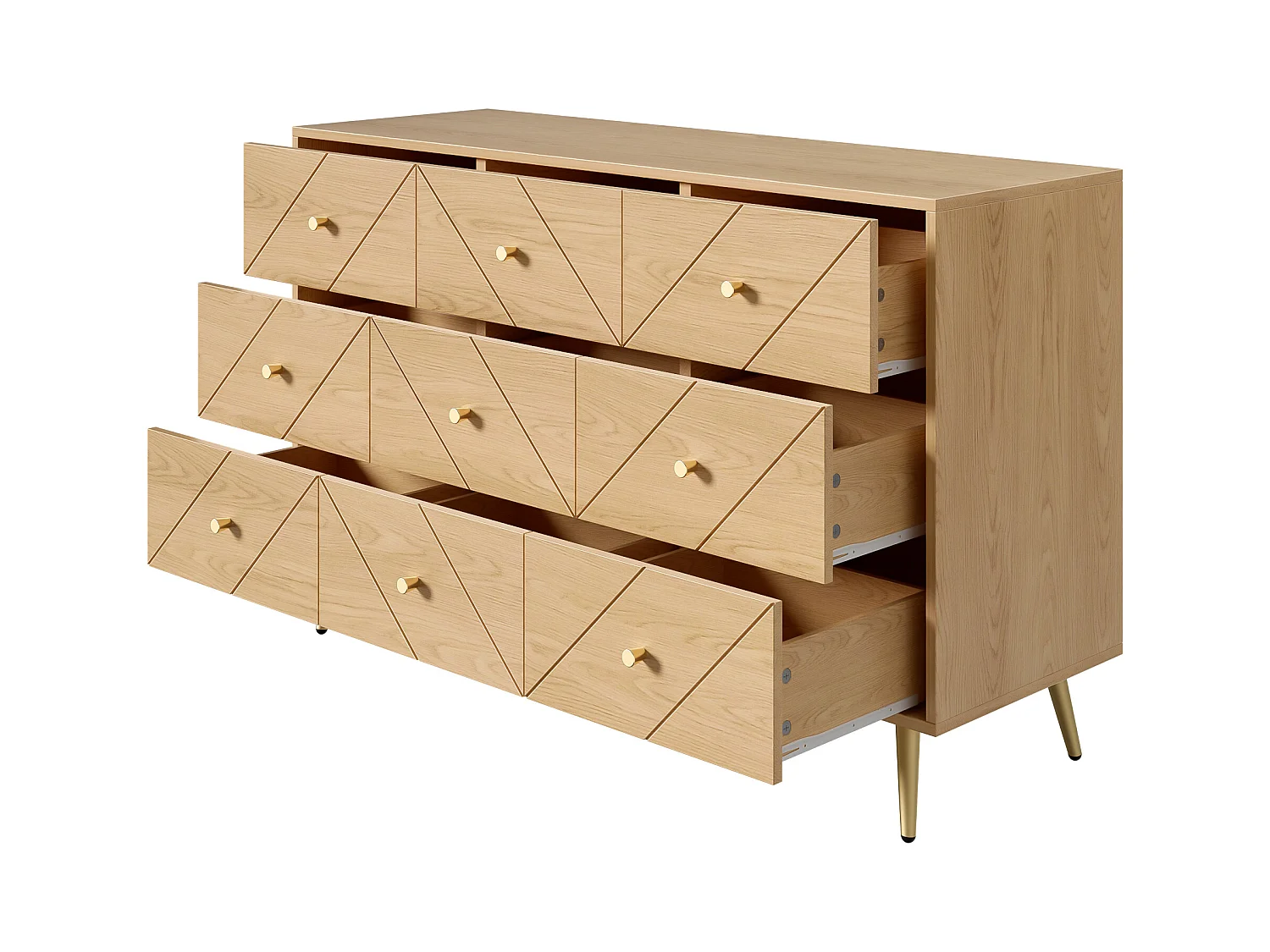 Commode moderne à 9 tiroirs avec pieds en fer - 120 x 39 x 80 cm - construction robuste - aggloméré - naturel