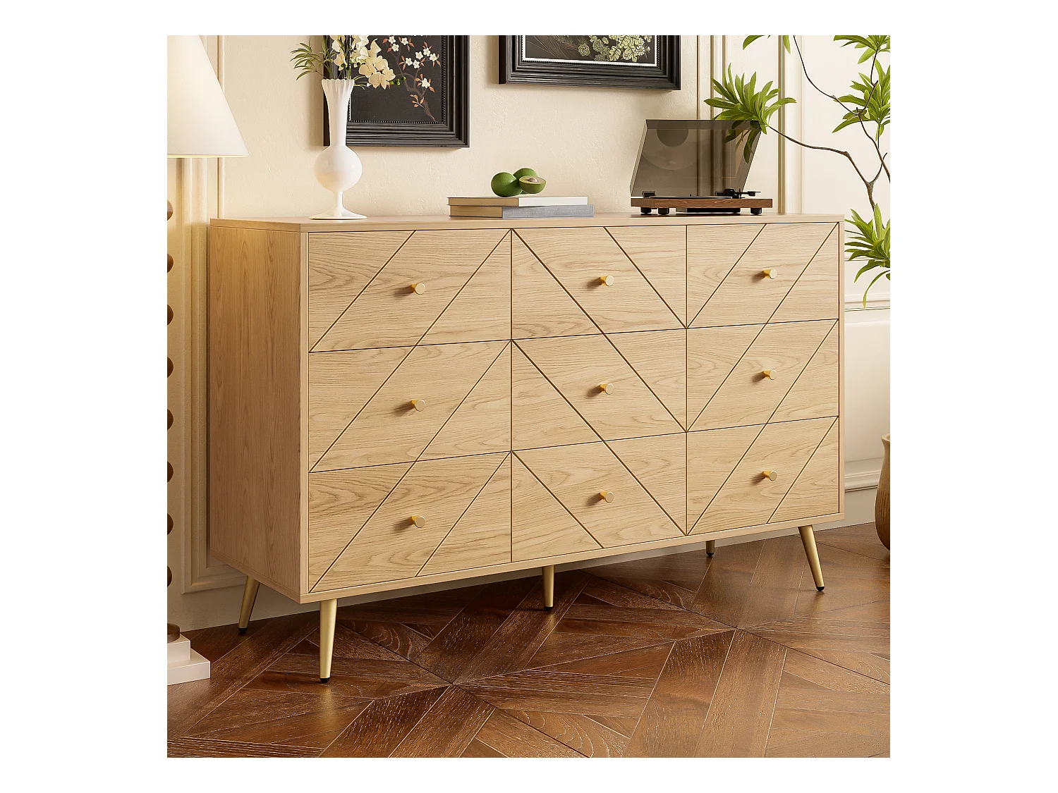 Commode moderne à 9 tiroirs avec pieds en fer - 120 x 39 x 80 cm - construction robuste - aggloméré - naturel