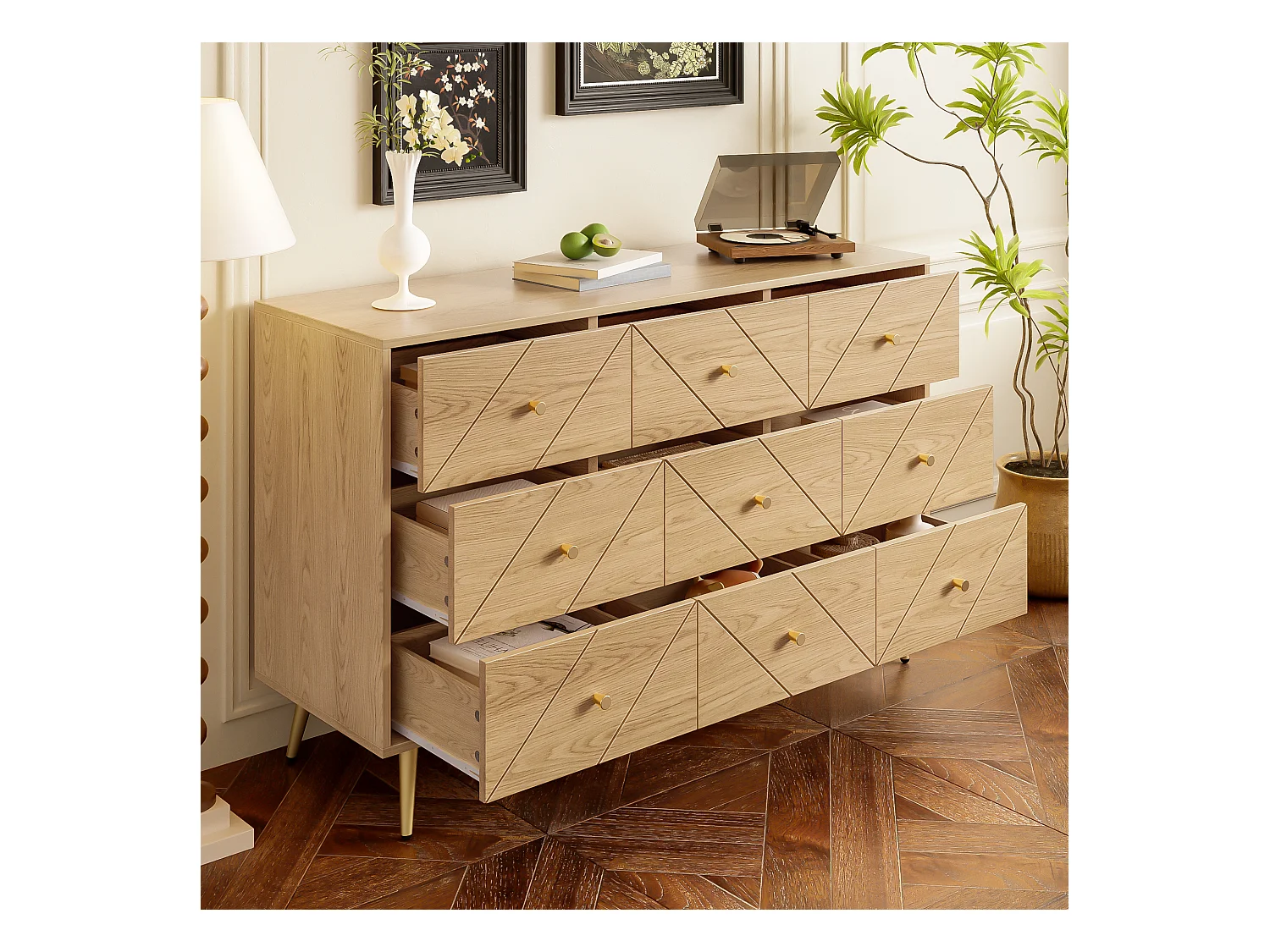 Commode moderne à 9 tiroirs avec pieds en fer - 120 x 39 x 80 cm - construction robuste - aggloméré - naturel