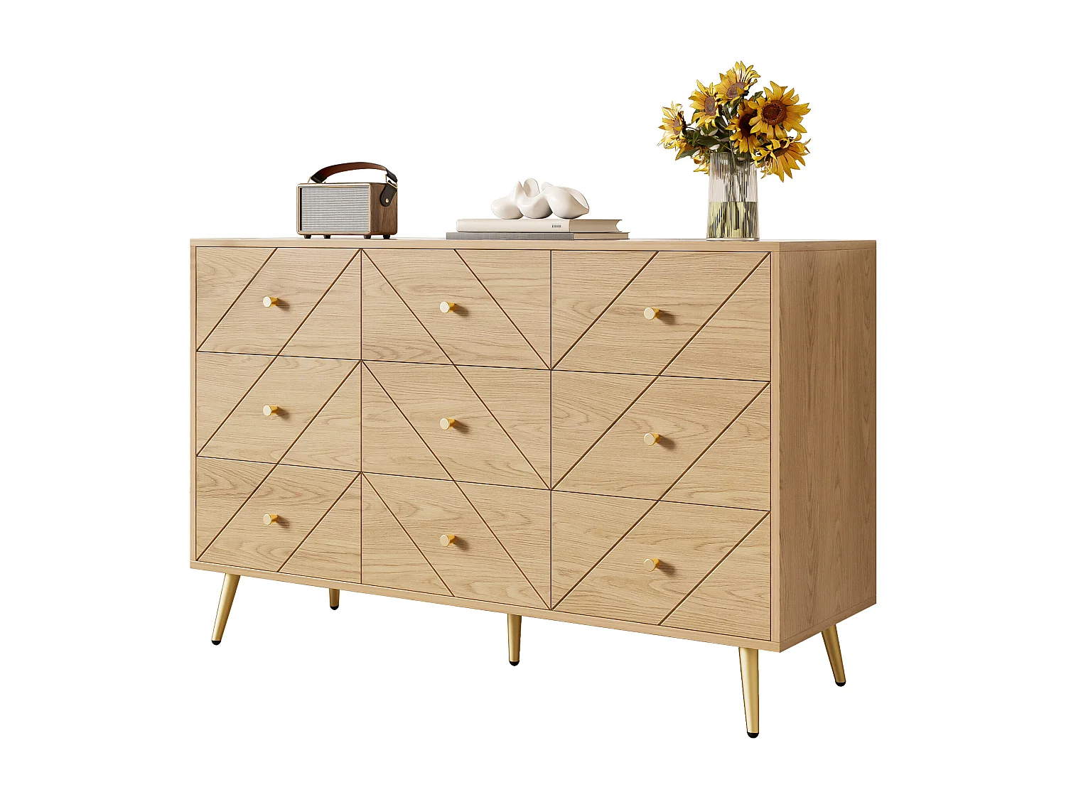 Commode moderne à 9 tiroirs avec pieds en fer - 120 x 39 x 80 cm - construction robuste - aggloméré - naturel