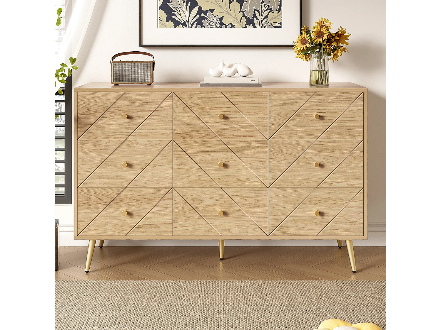 Commode moderne à 9 tiroirs avec pieds en fer - 120 x 39 x 80 cm - construction robuste - aggloméré - naturel