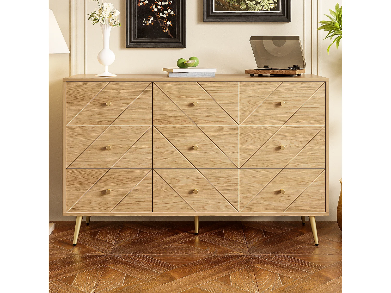 Commode moderne à 9 tiroirs avec pieds en fer - 120 x 39 x 80 cm - construction robuste - aggloméré - naturel