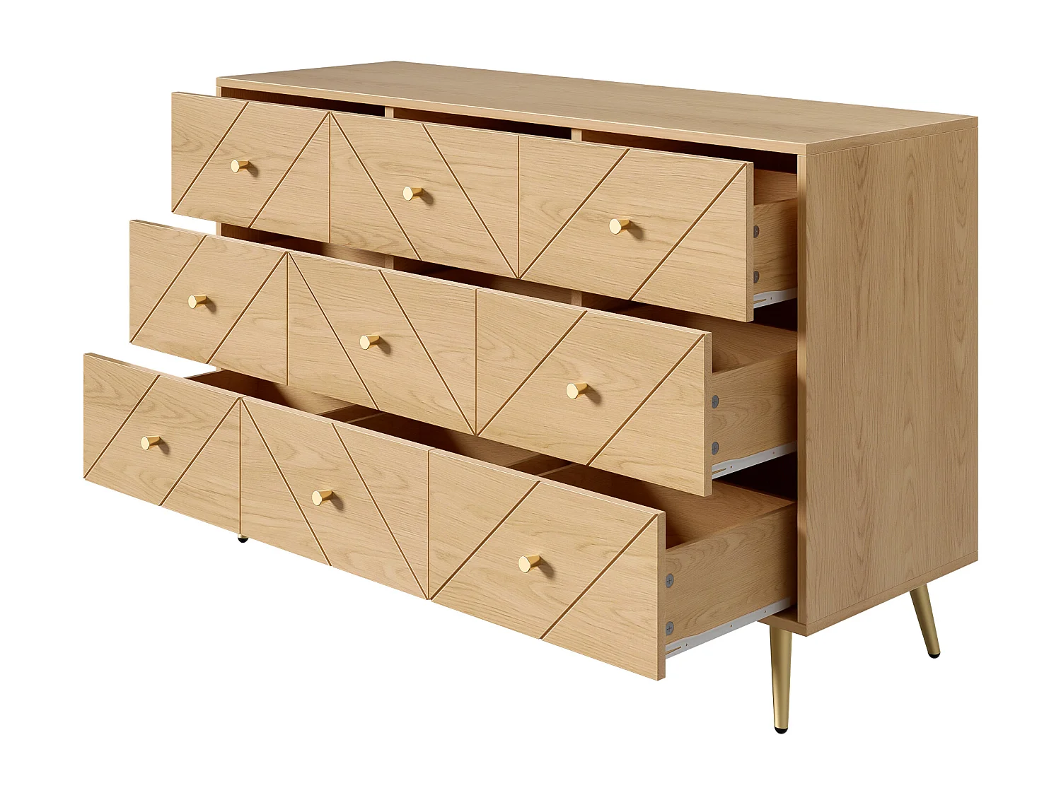 Commode moderne à 9 tiroirs avec pieds en fer - 120 x 39 x 80 cm - construction robuste - aggloméré - naturel