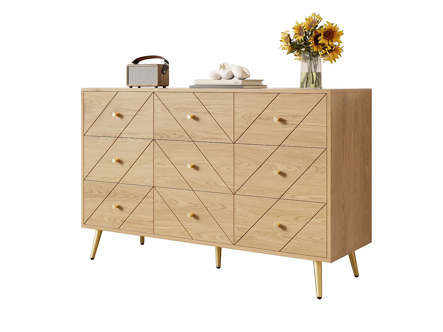 Commode moderne à 9 tiroirs avec pieds en fer - 120 x 39 x 80 cm - construction robuste - aggloméré - naturel