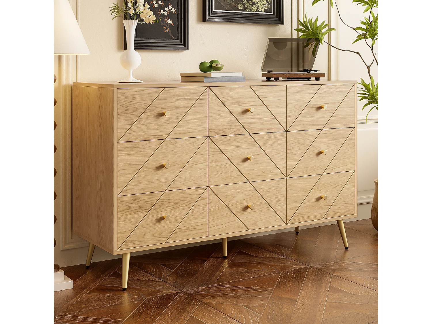 Commode moderne à 9 tiroirs avec pieds en fer - 120 x 39 x 80 cm - construction robuste - aggloméré - naturel