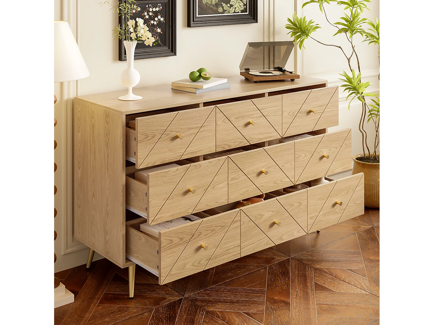 Commode moderne à 9 tiroirs avec pieds en fer - 120 x 39 x 80 cm - construction robuste - aggloméré - naturel