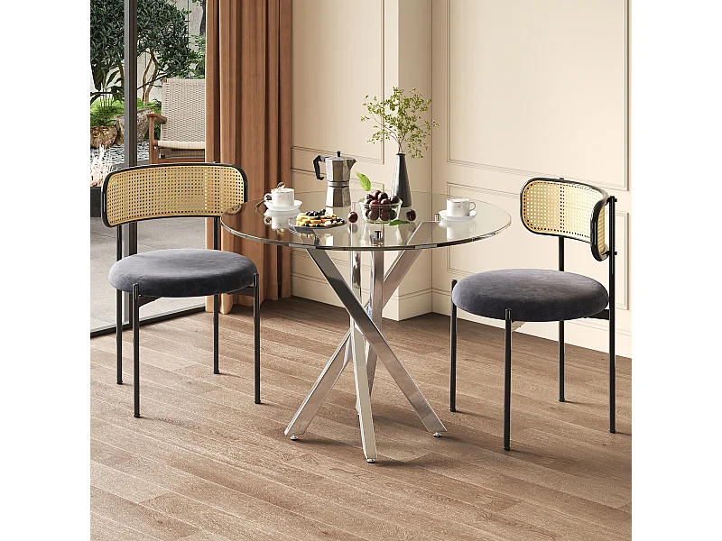 Conjunto de mesa de jantar e 2 cadeiras - 80 x 80 x 75 cm - tampo de vidro temperado - veludo + metal - cinza