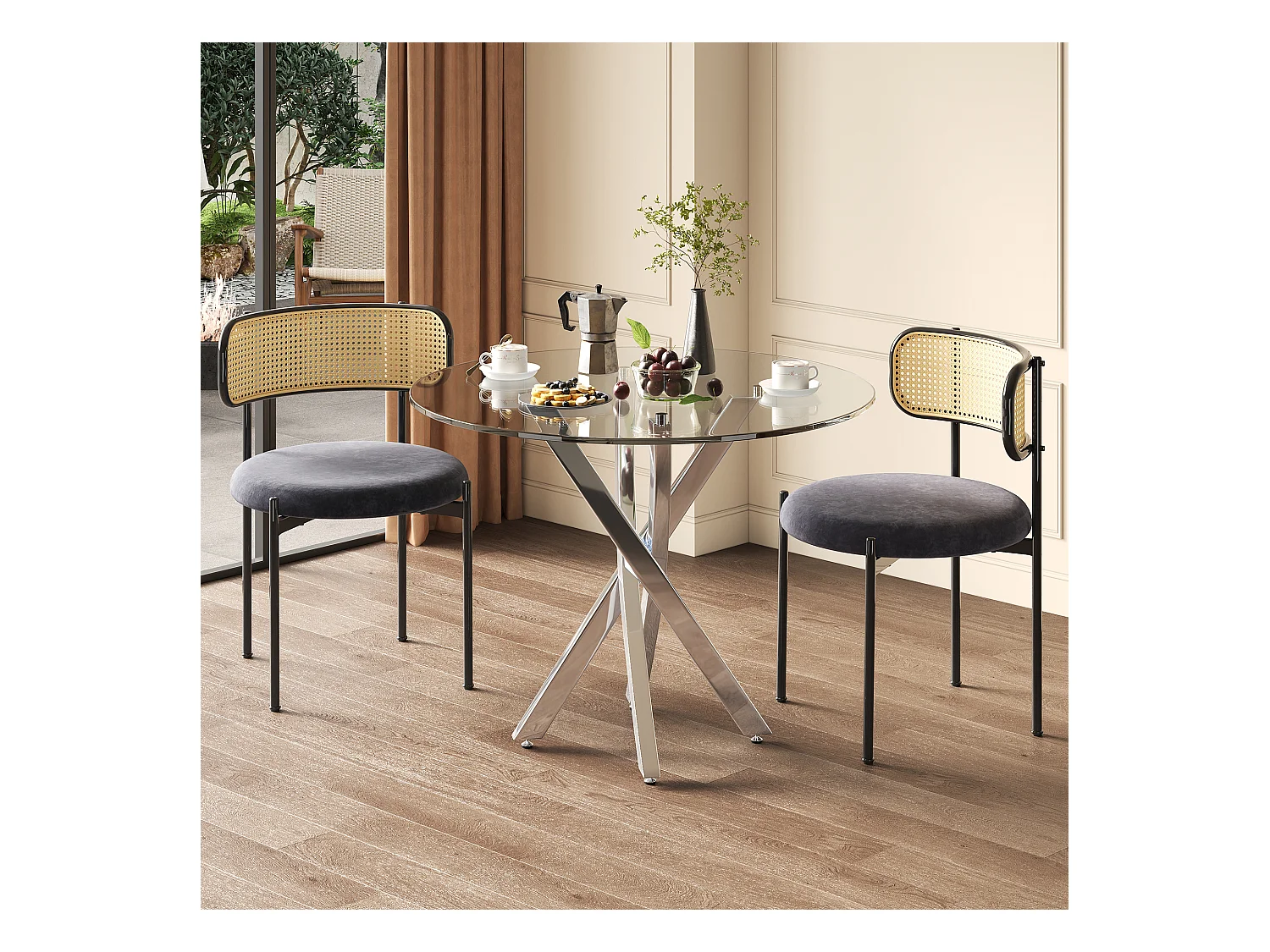 Ensemble de table à manger et 2 chaises - 80 x 80 x 75 cm -  plateau de table en verre trempé - velours + métal - gris