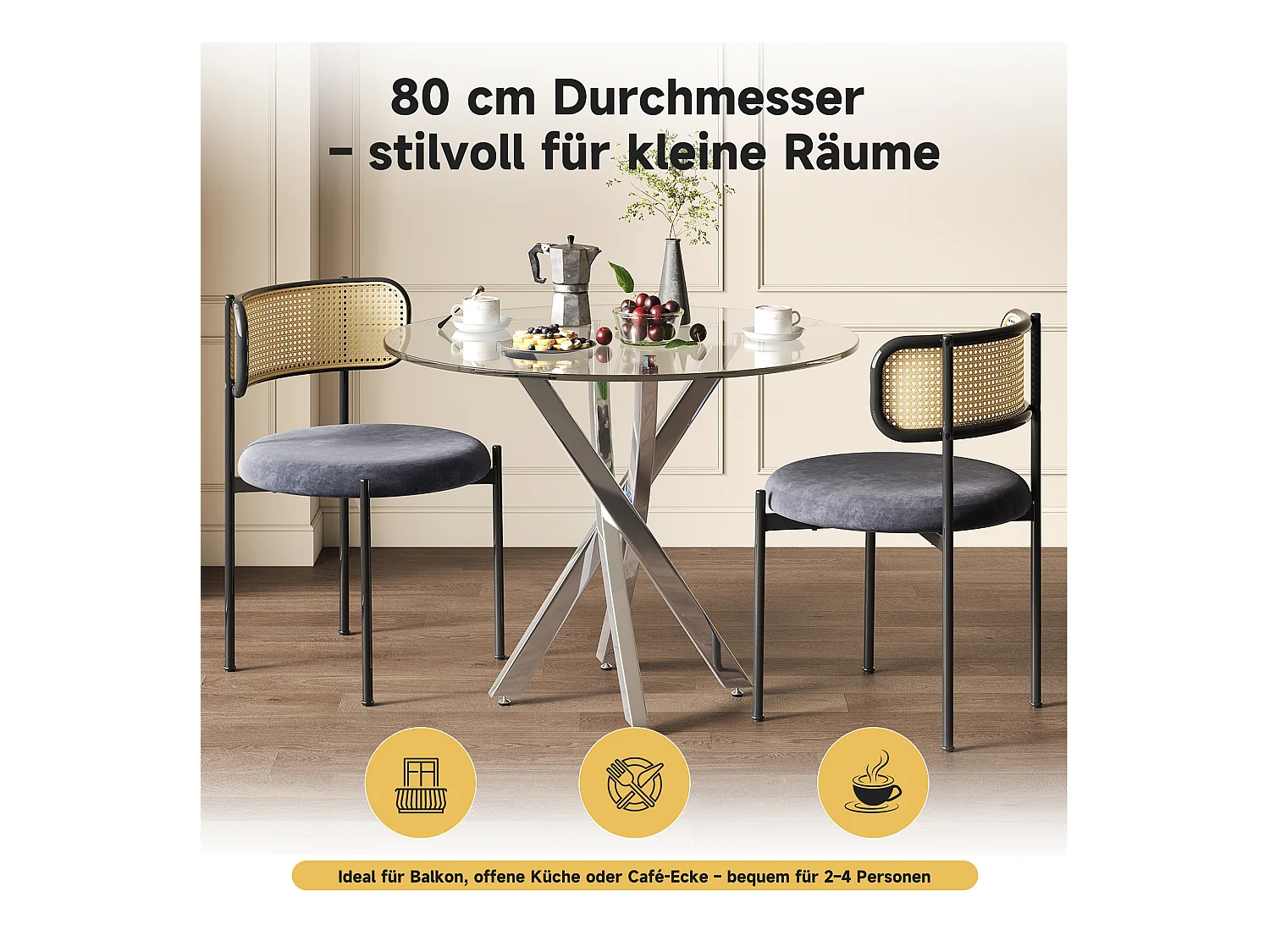 Ensemble de table à manger et 2 chaises - 80 x 80 x 75 cm -  plateau de table en verre trempé - velours + métal - gris