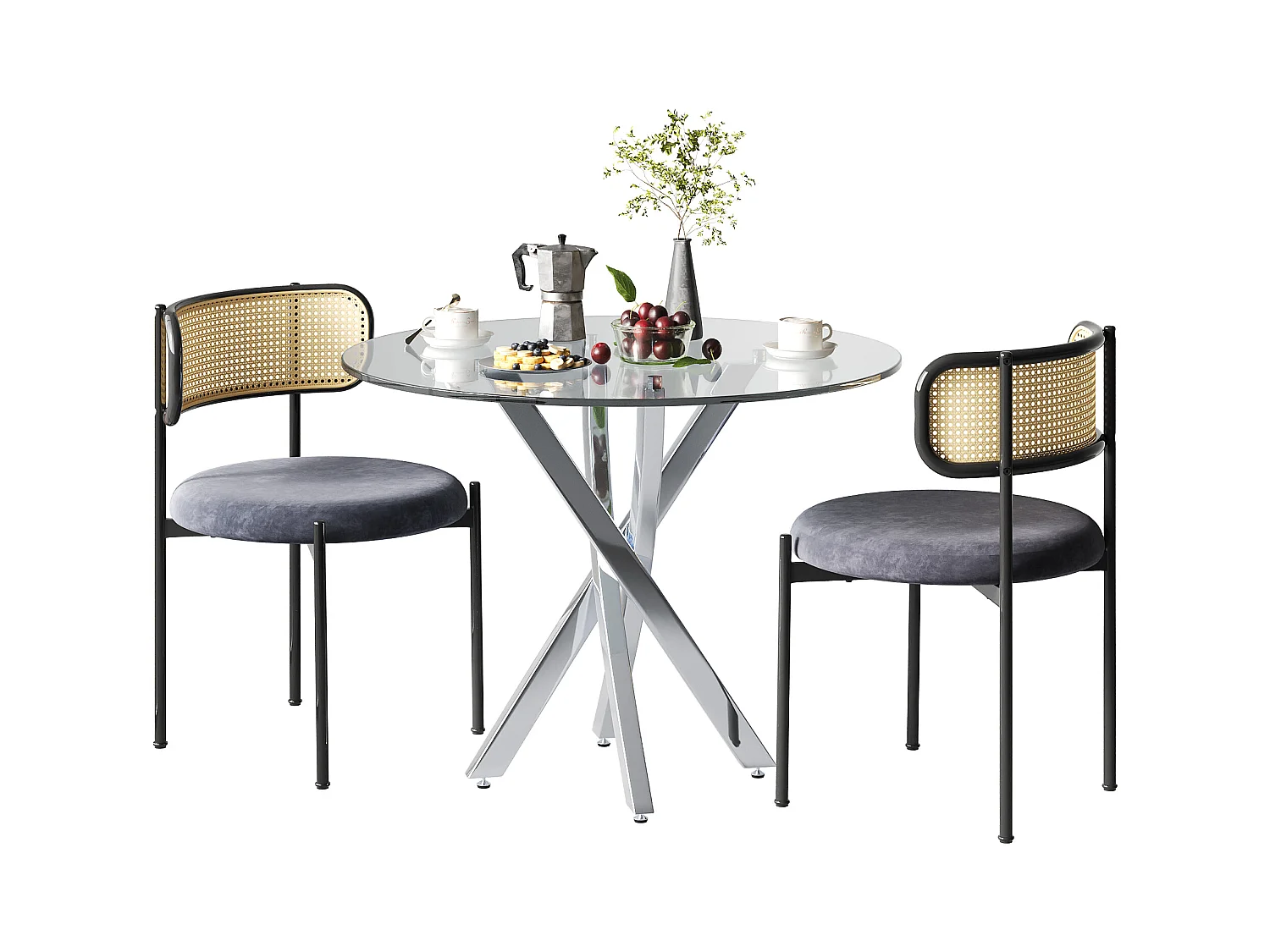Ensemble de table à manger et 2 chaises - 80 x 80 x 75 cm -  plateau de table en verre trempé - velours + métal - gris