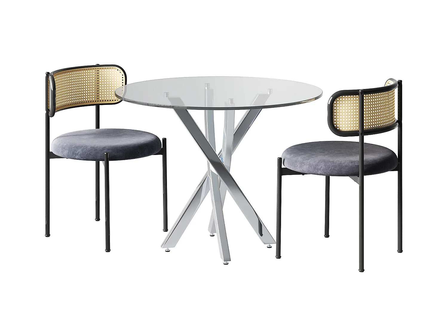 Esstisch und 2 Stühle im Set – 80 x 80 x 75 cm – Tischplatte aus gehärtetem Glas – Samt + Metall – Grau