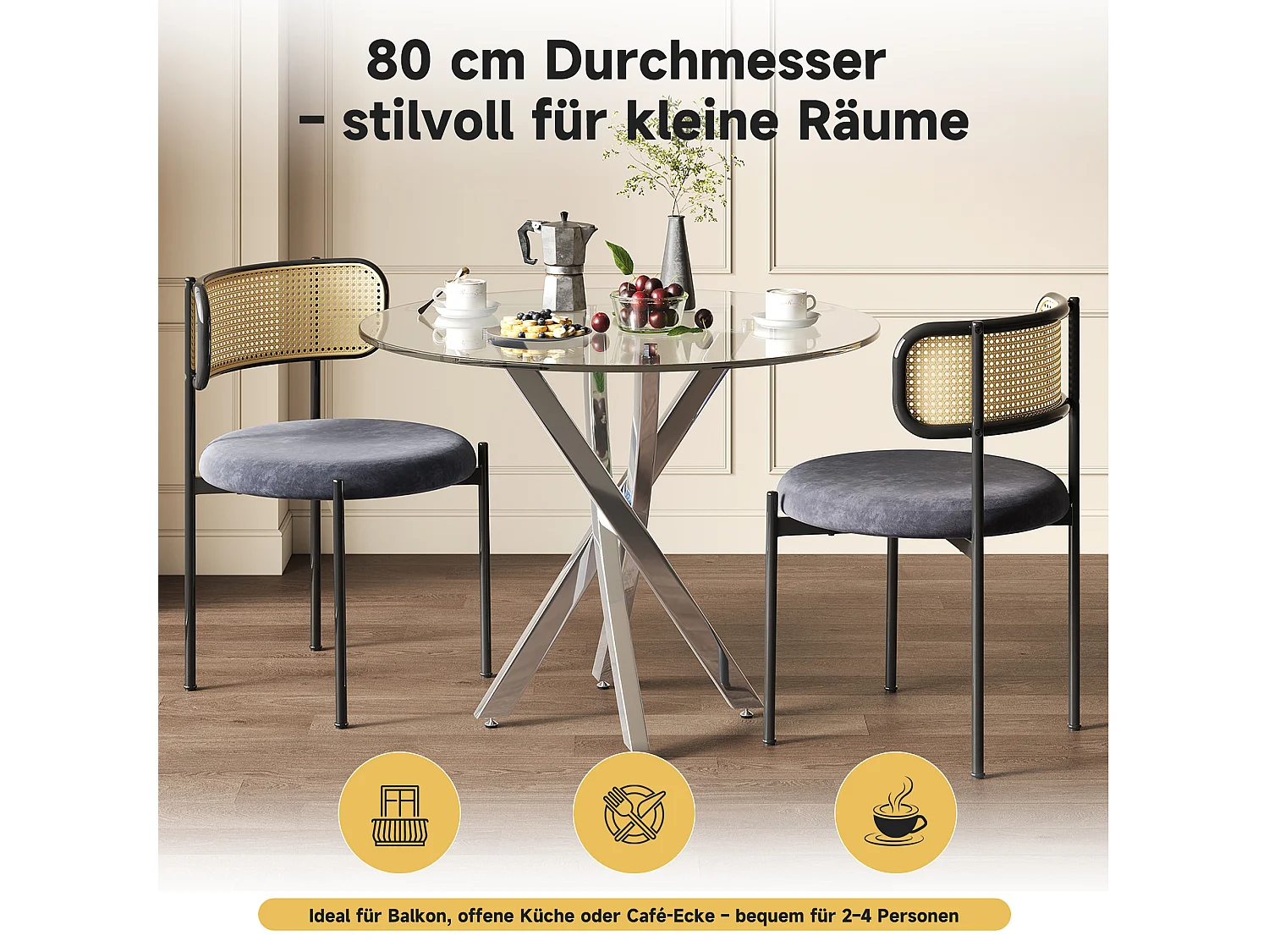 Eettafel en 2 stoelenset - 80 x 80 x 75 cm - tafelblad van gehard glas - fluweel + metaal - grijs