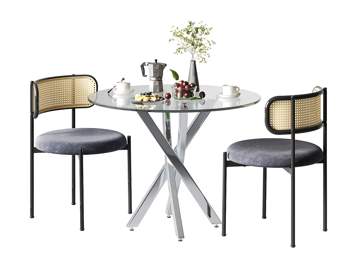 Eettafel en 2 stoelenset - 80 x 80 x 75 cm - tafelblad van gehard glas - fluweel + metaal - grijs