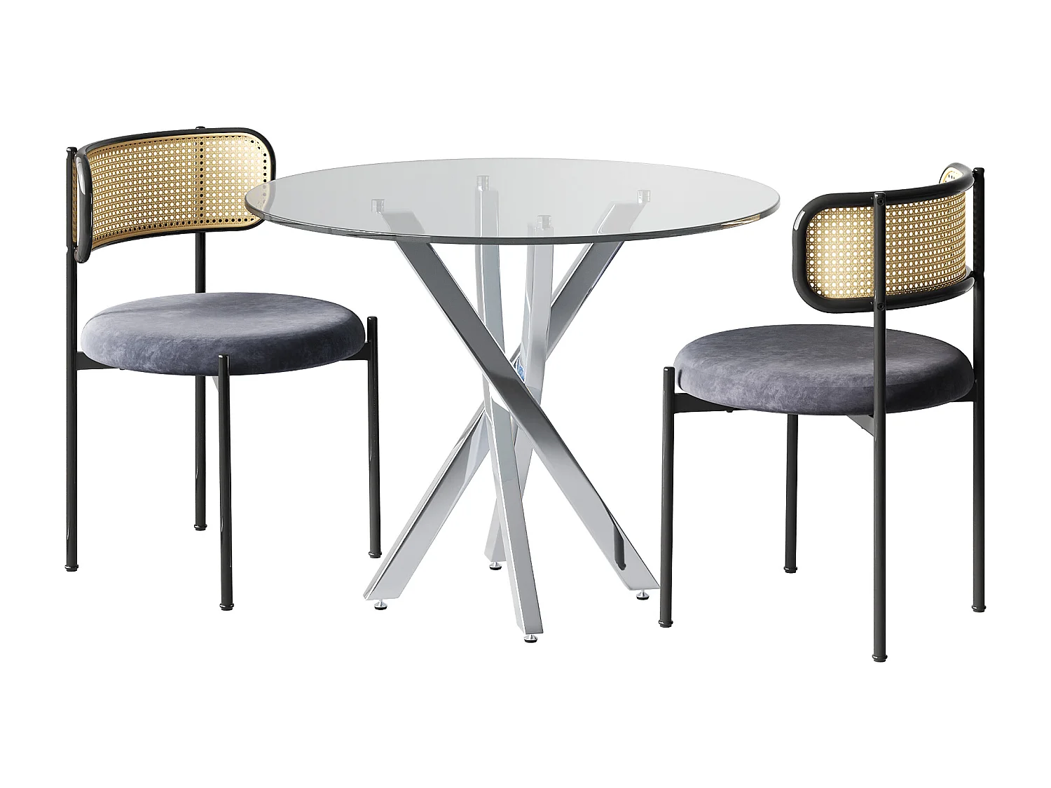 Eettafel en 2 stoelenset - 80 x 80 x 75 cm - tafelblad van gehard glas - fluweel + metaal - grijs