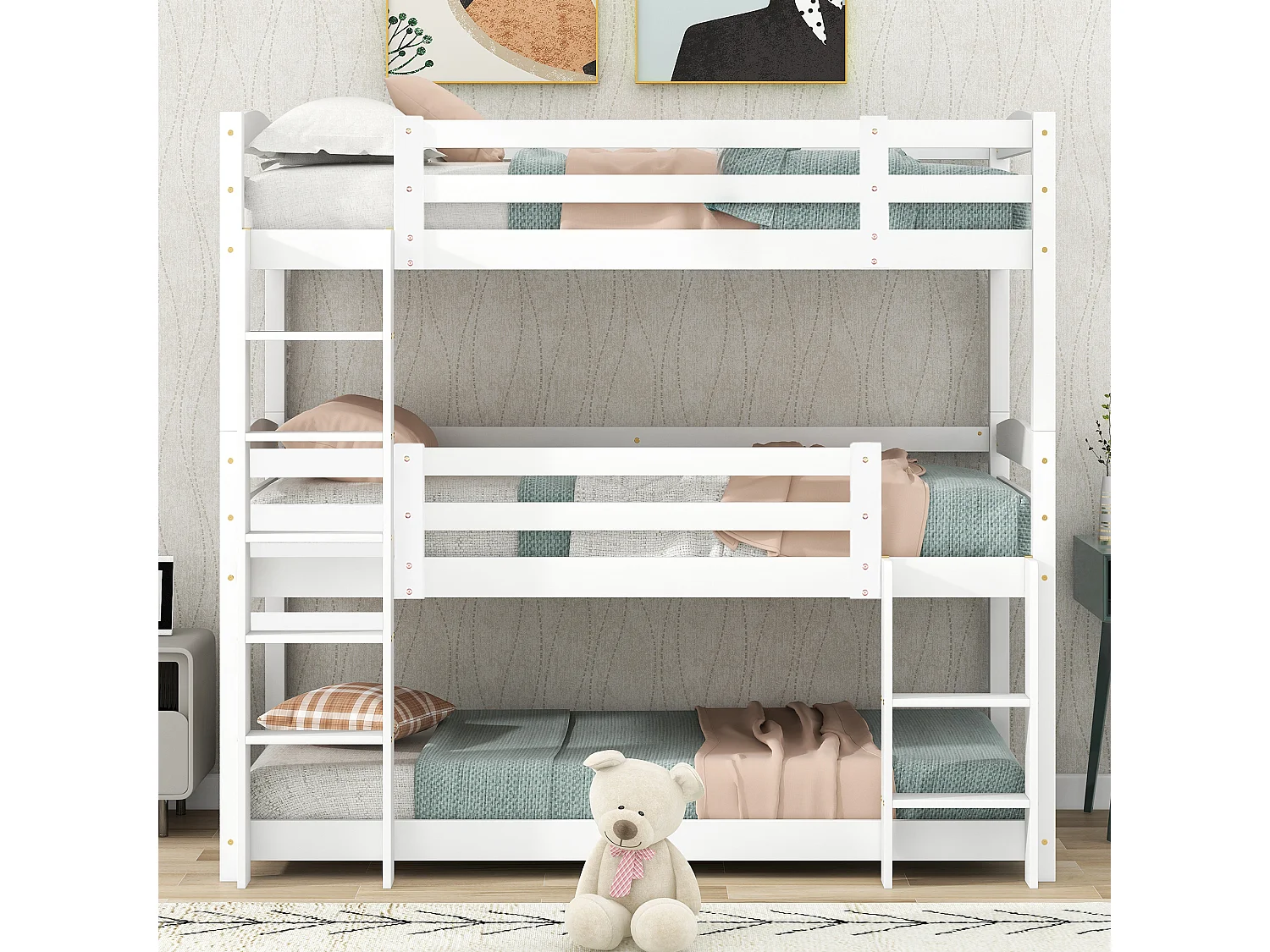 Lit superposés 3 places pour enfant - 3 x 90 x 200 cm - bois + MDF - blanc