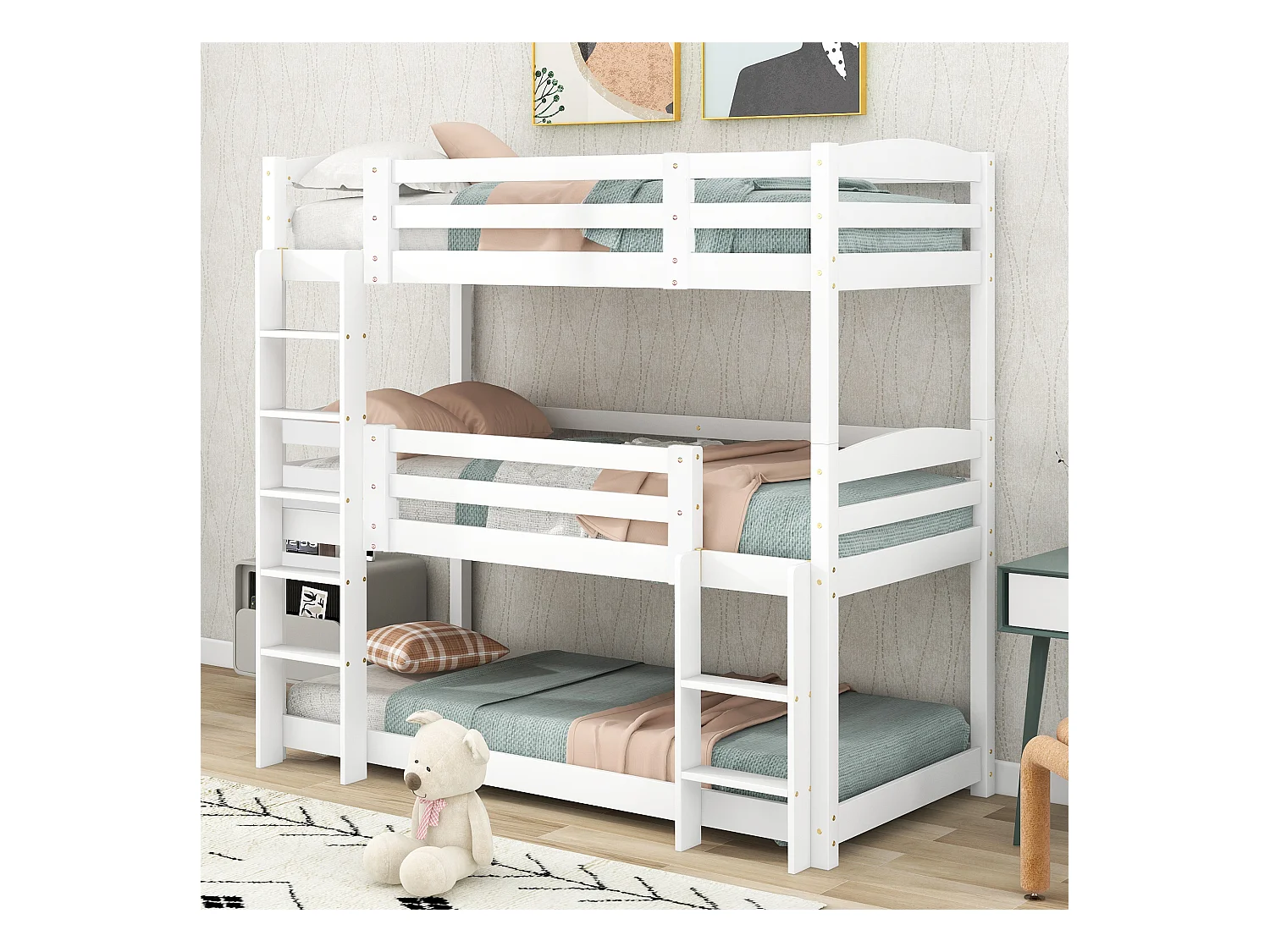 Litera infantil de 3 plazas - 3 x 90 x 200 cm - madera + MDF - blanco