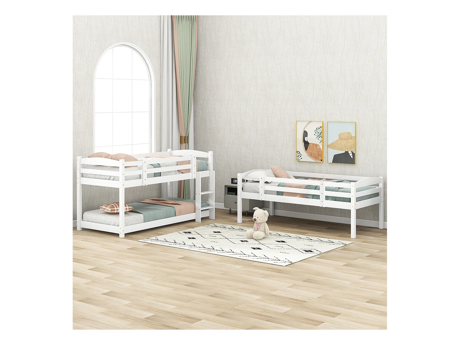 Litera infantil de 3 plazas - 3 x 90 x 200 cm - madera + MDF - blanco