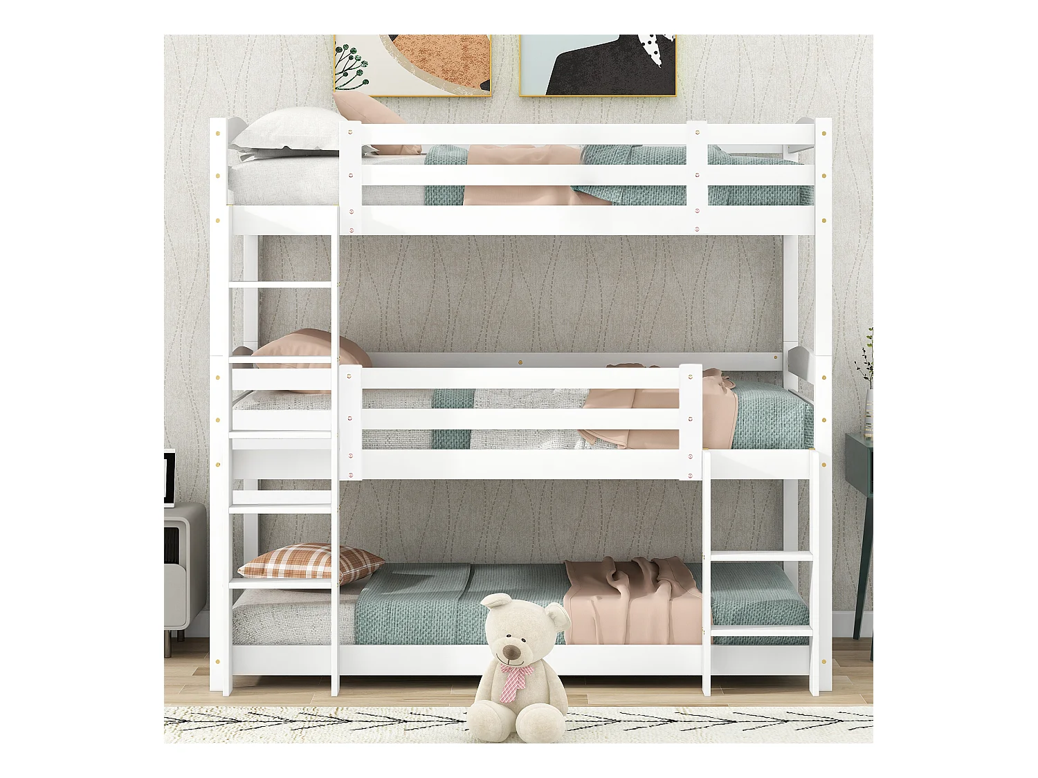 Litera infantil de 3 plazas - 3 x 90 x 200 cm - madera + MDF - blanco